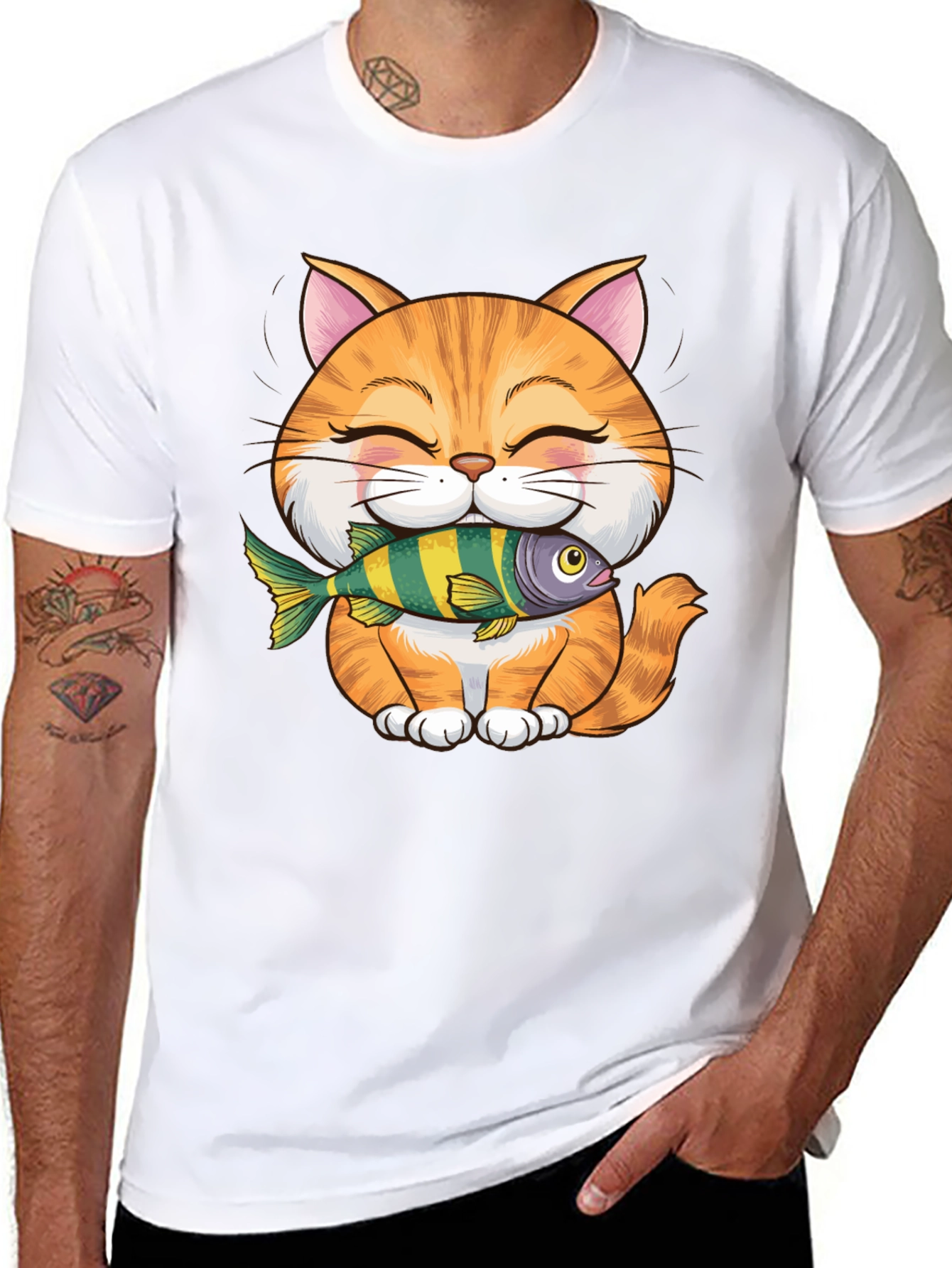 Cute Cat with Fish Graphic T-Shirt