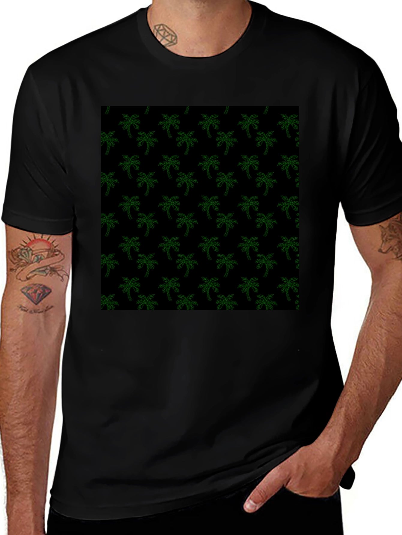 Tropical Palm Tree Print Black Tee