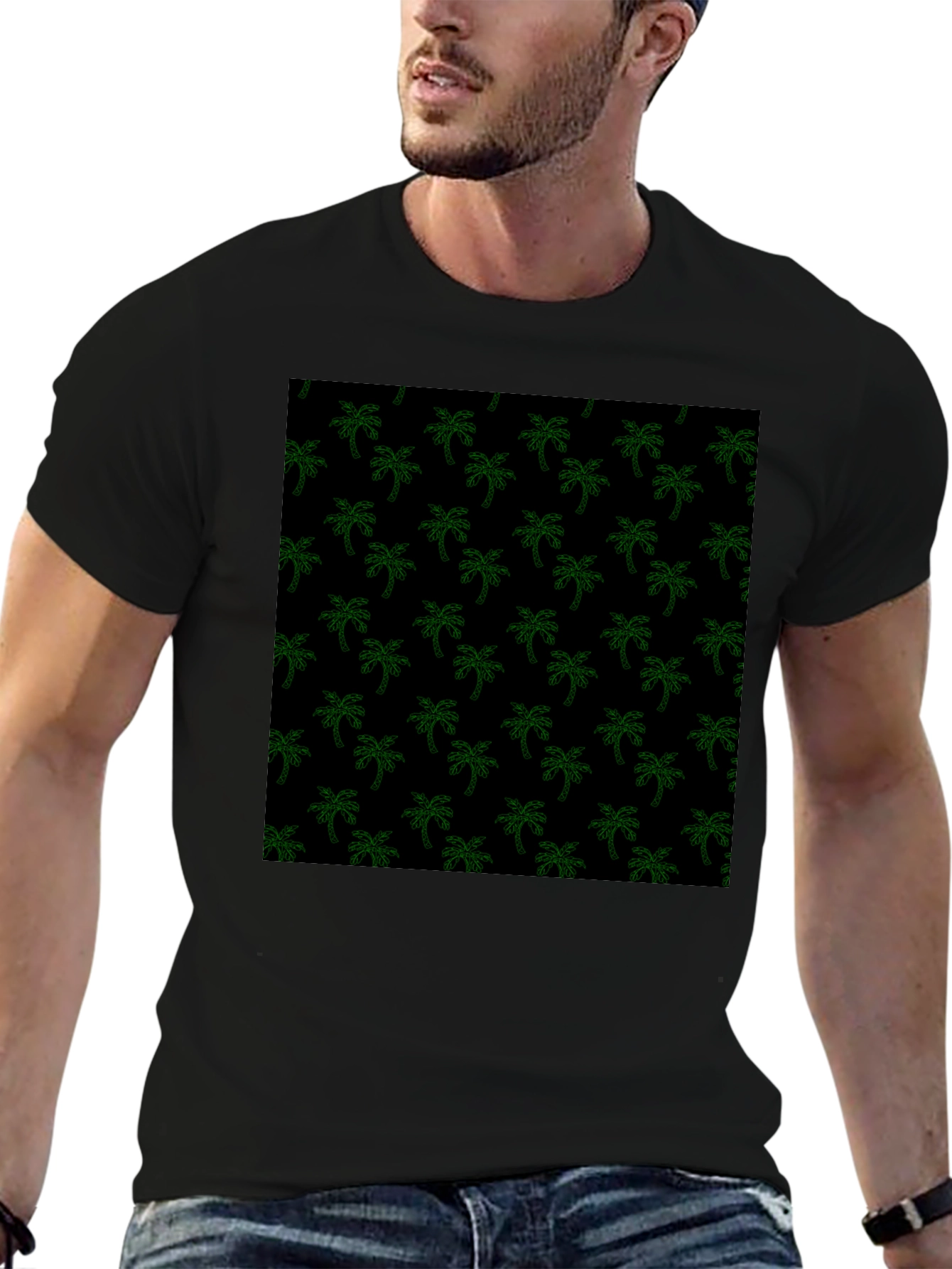 Tropical Palm Tree Print Black Tee