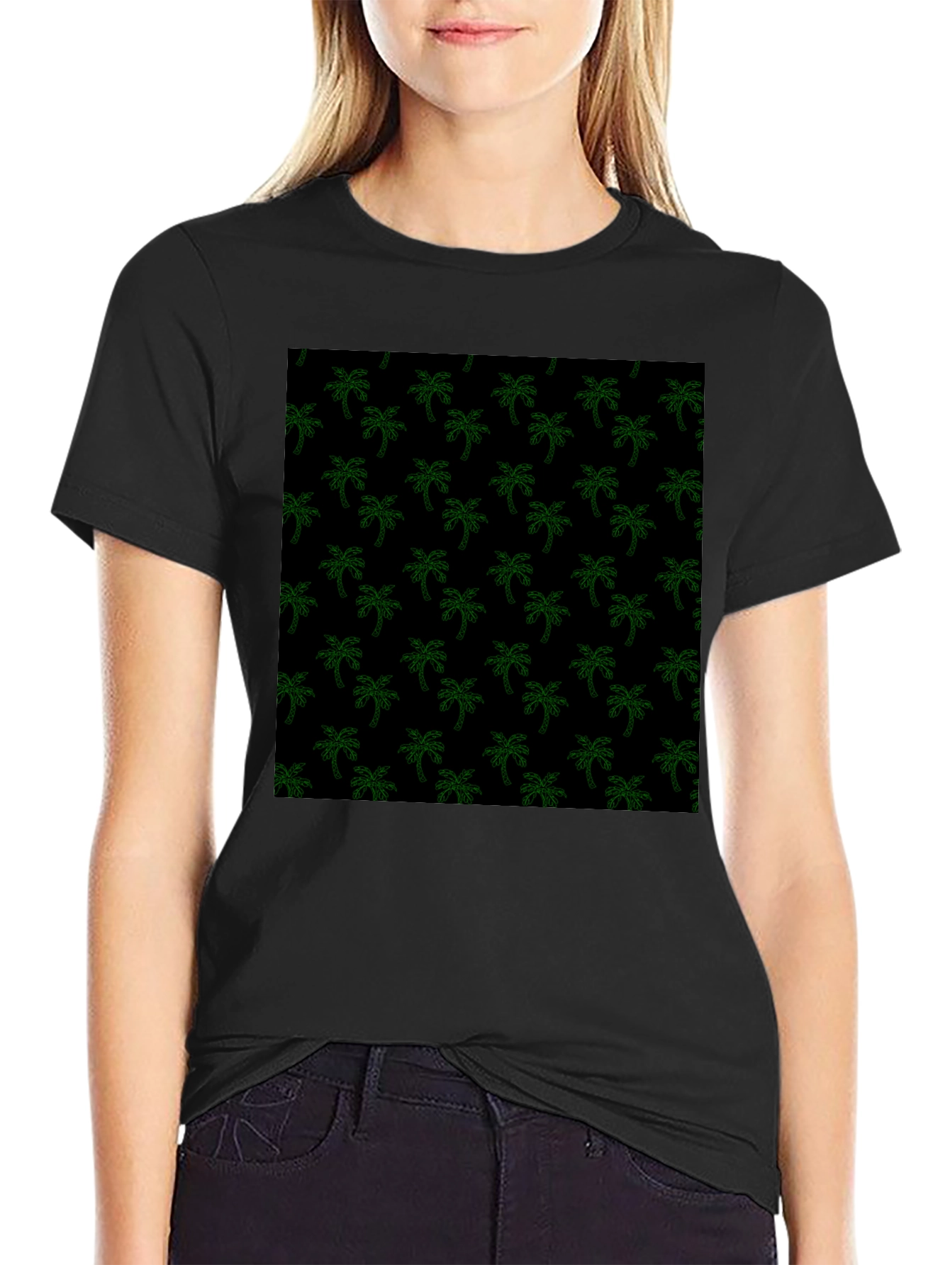 Tropical Palm Tree Print Black Tee