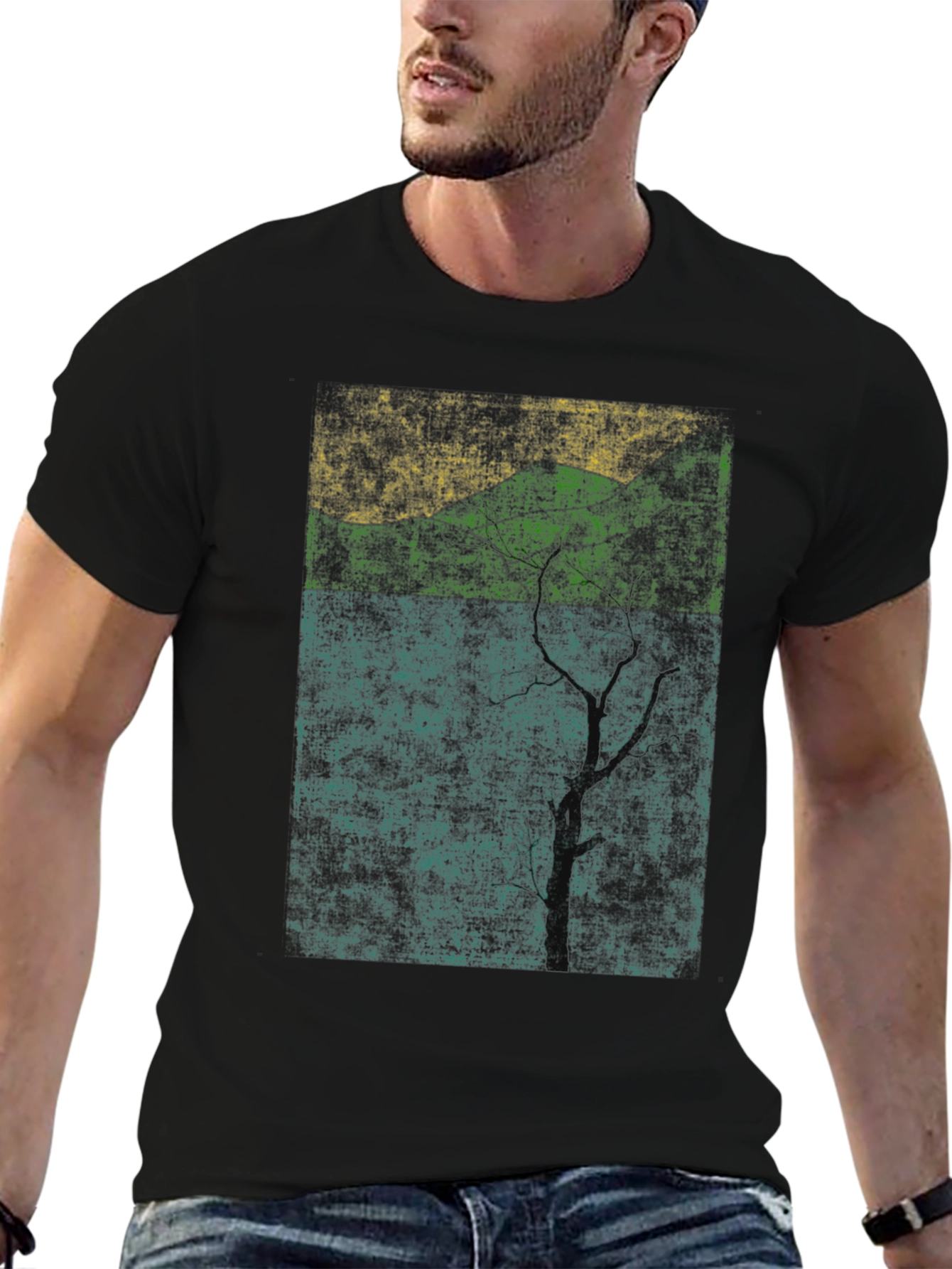 Nature-Inspired Graphic Tee - Textured Print Black Shirt