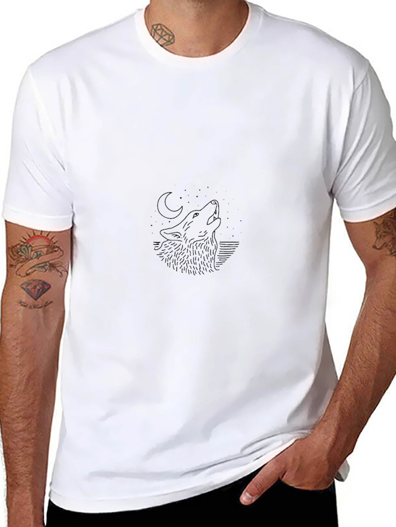 Wolf Howling at Moon Graphic Black T-Shirt