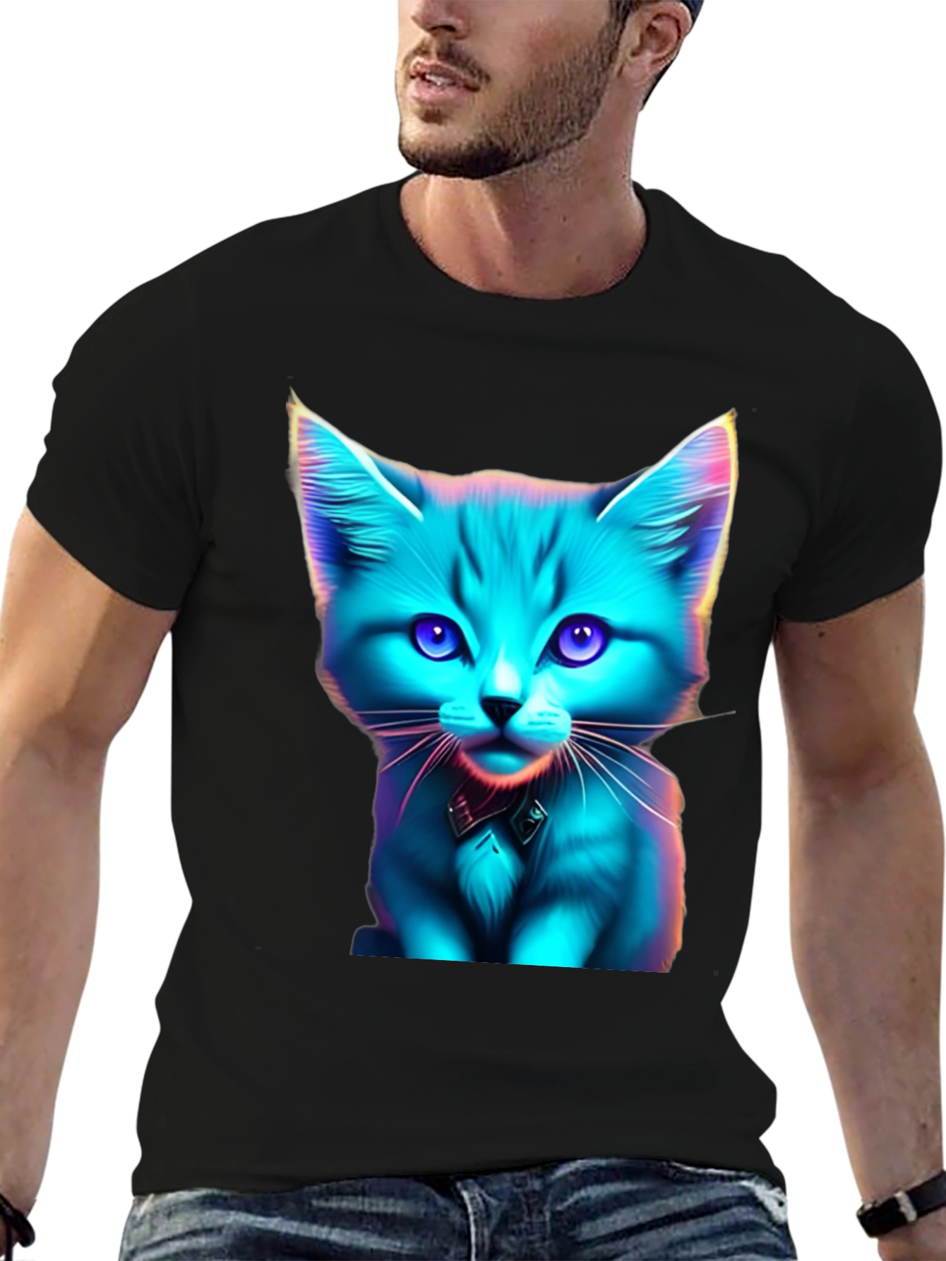 Neon Cat Graphic Tee - Stylish Black T-Shirt