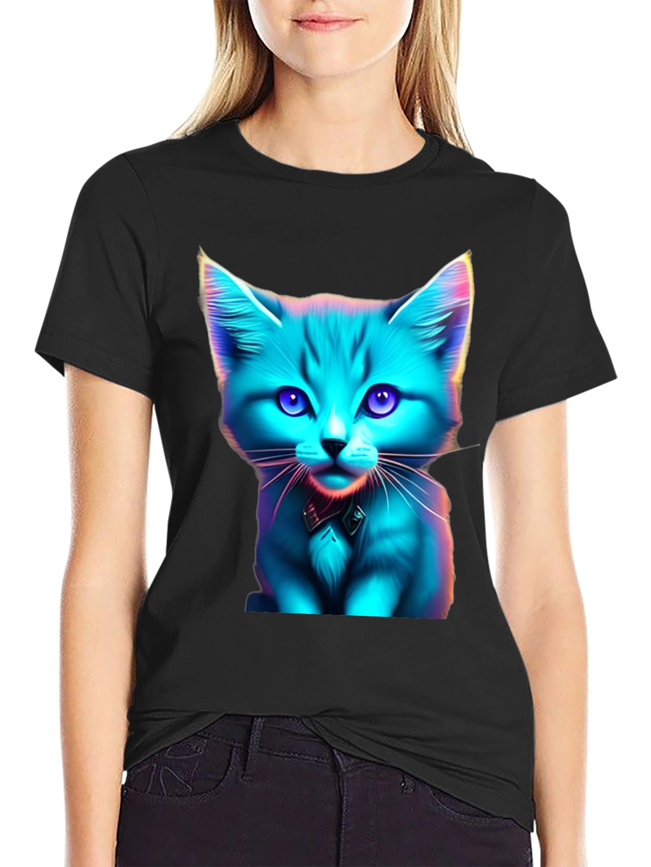 Neon Cat Graphic Tee - Stylish Black T-Shirt