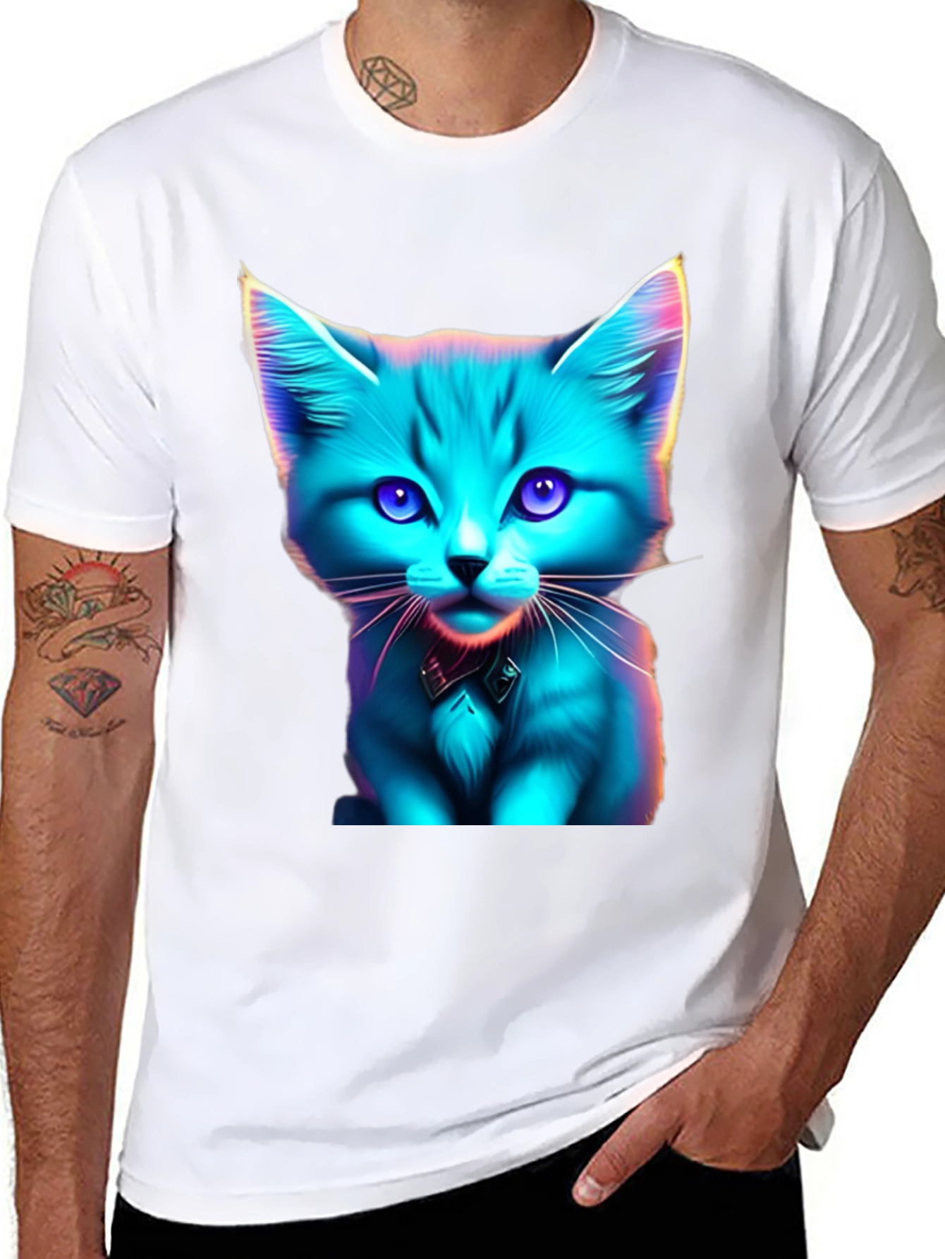 Neon Cat Graphic Tee - Stylish Black T-Shirt
