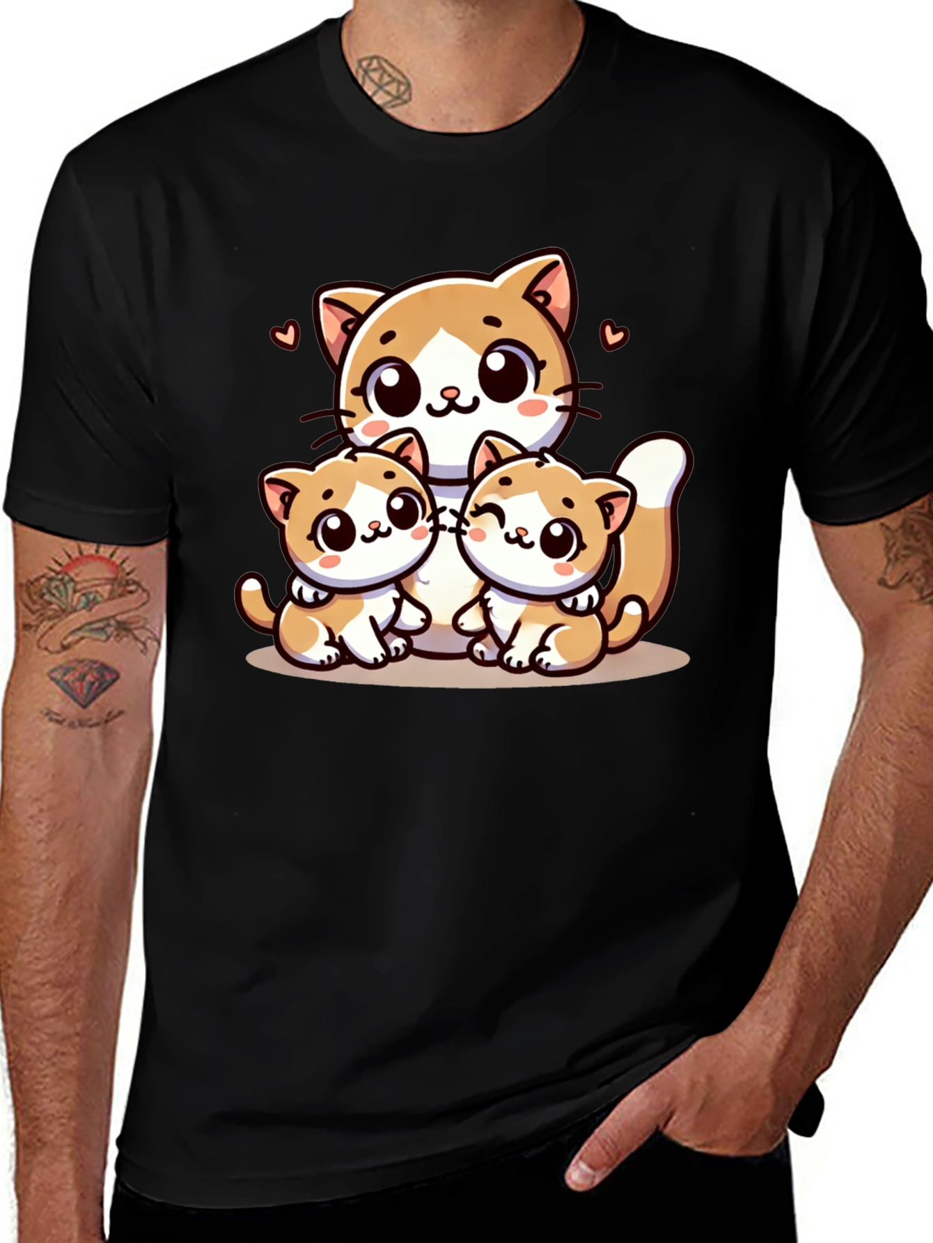 Cute Cat Family Graphic Black T-Shirt