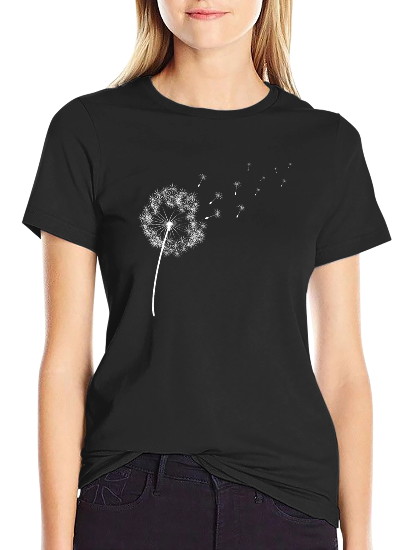 Dandelion Print Black T-Shirt - Casual Wear