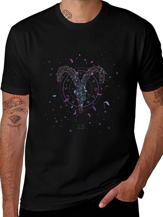Zodiac Aries Ram Graphic Print Black T-Shirt