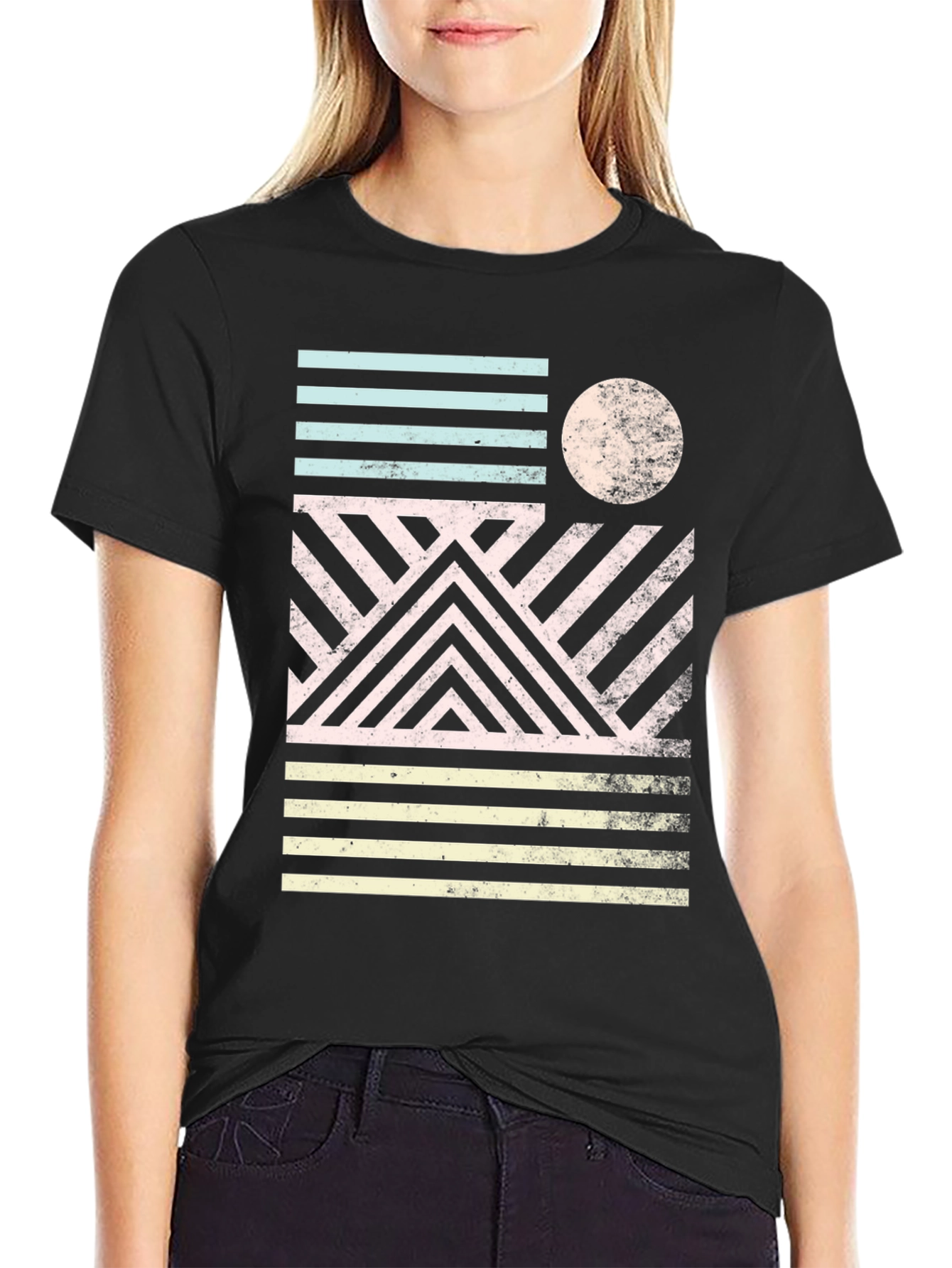 Retro Geometric Graphic Print Black T-Shirt