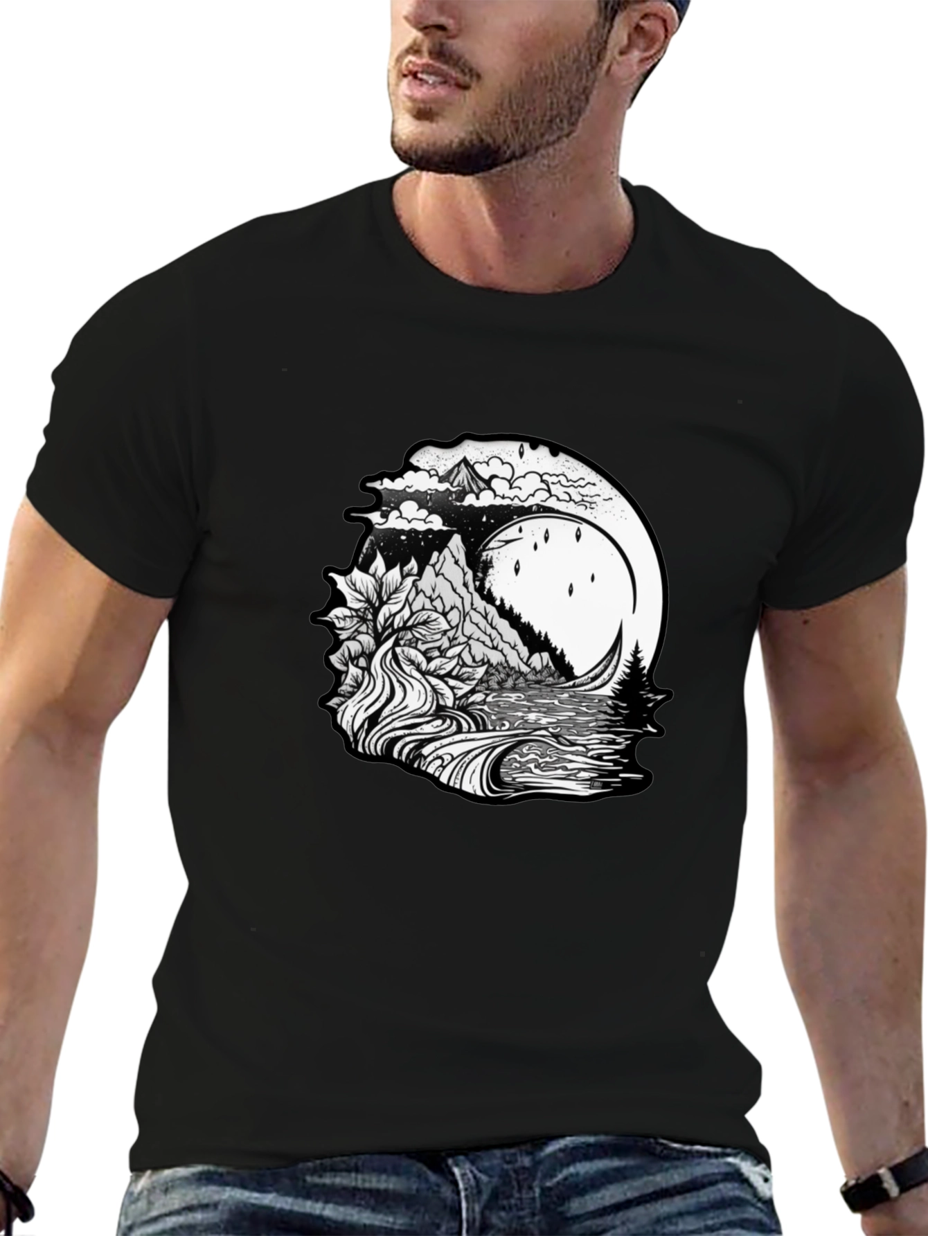 Mountain Moon Graphic Tee - Black Casual T-Shirt