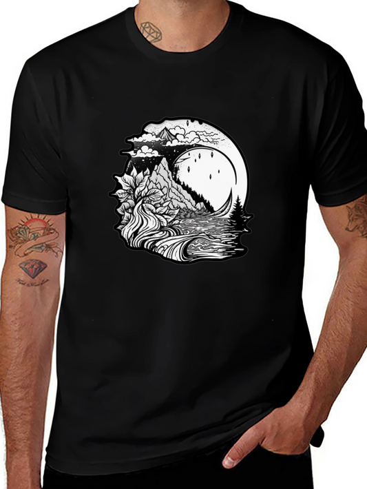 Mountain Moon Graphic Tee - Black Casual T-Shirt
