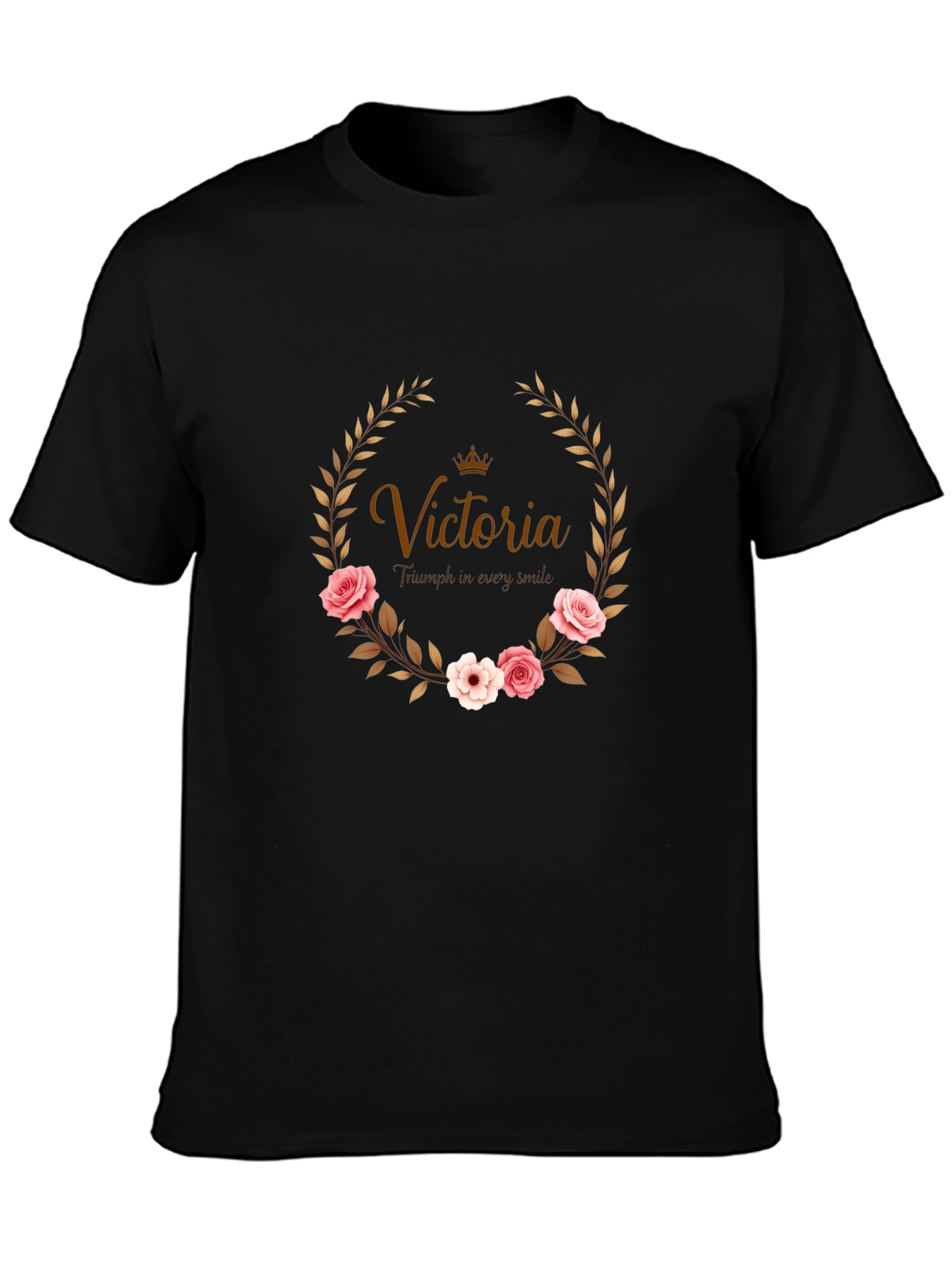 Floral Wreath Custom Name Black T-shirt