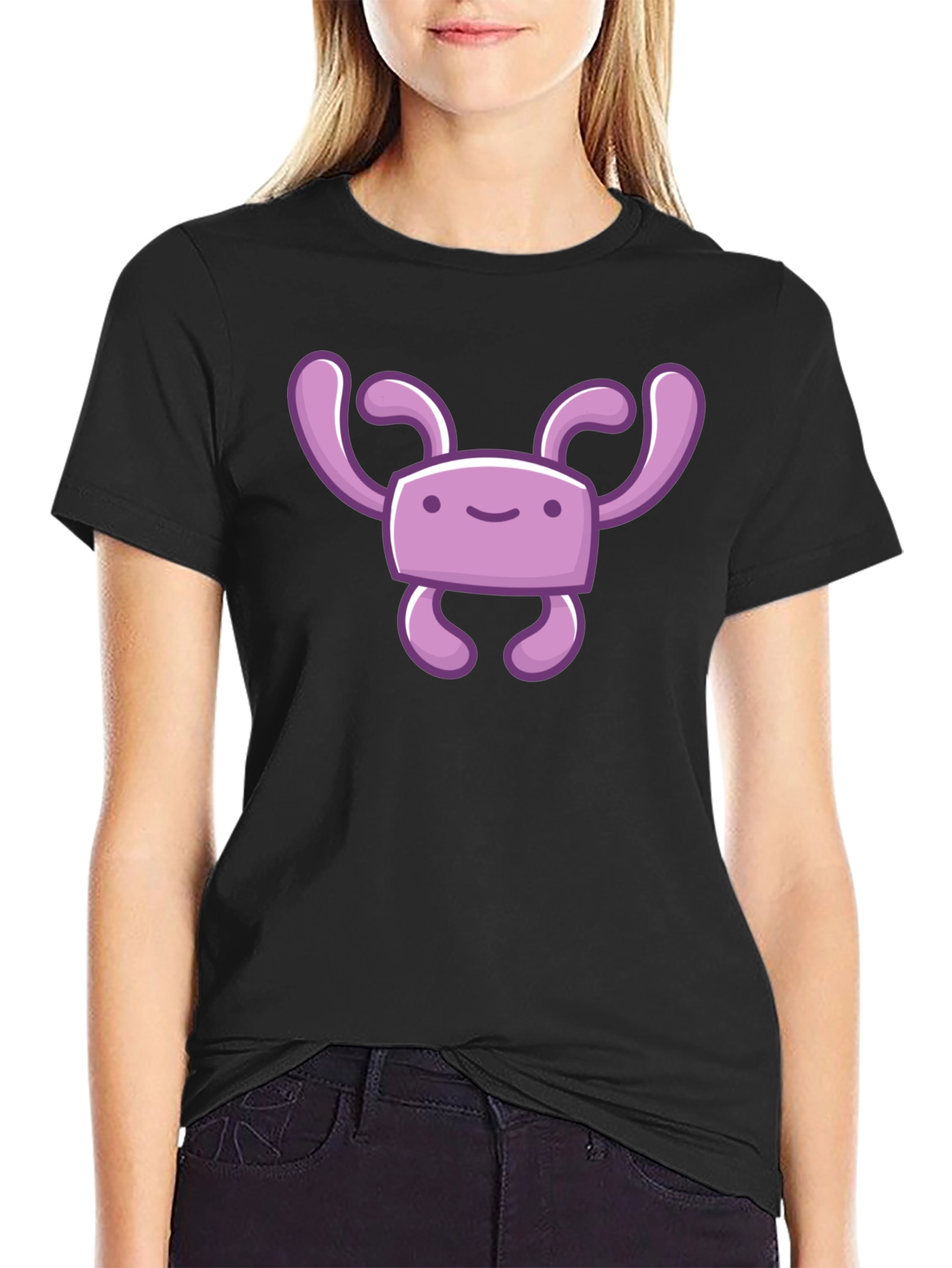 Cute Purple Cartoon Character Black T-Shirt