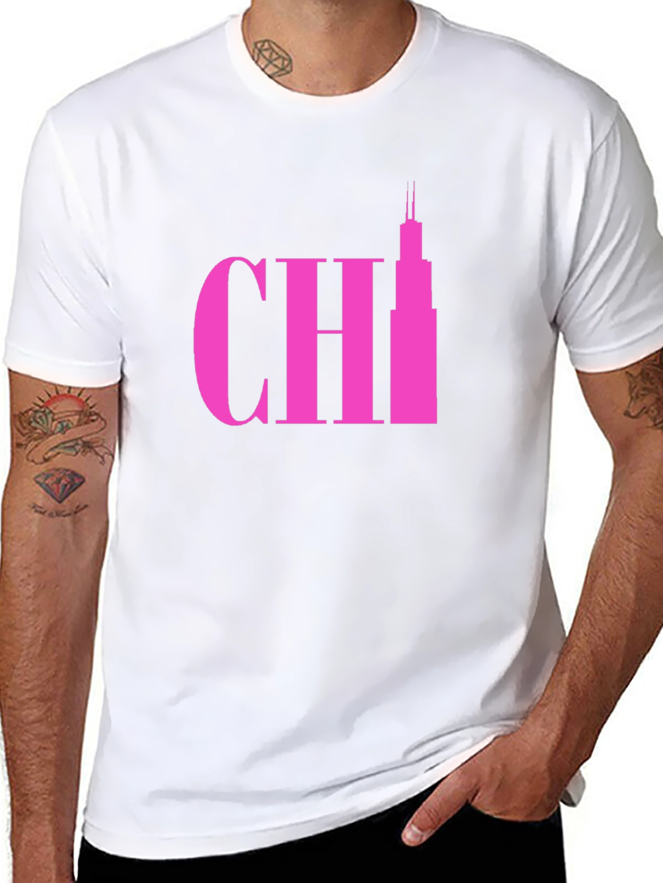 Pink Chicago Skyline Graphic Tee - Black Cotton T-Shirt