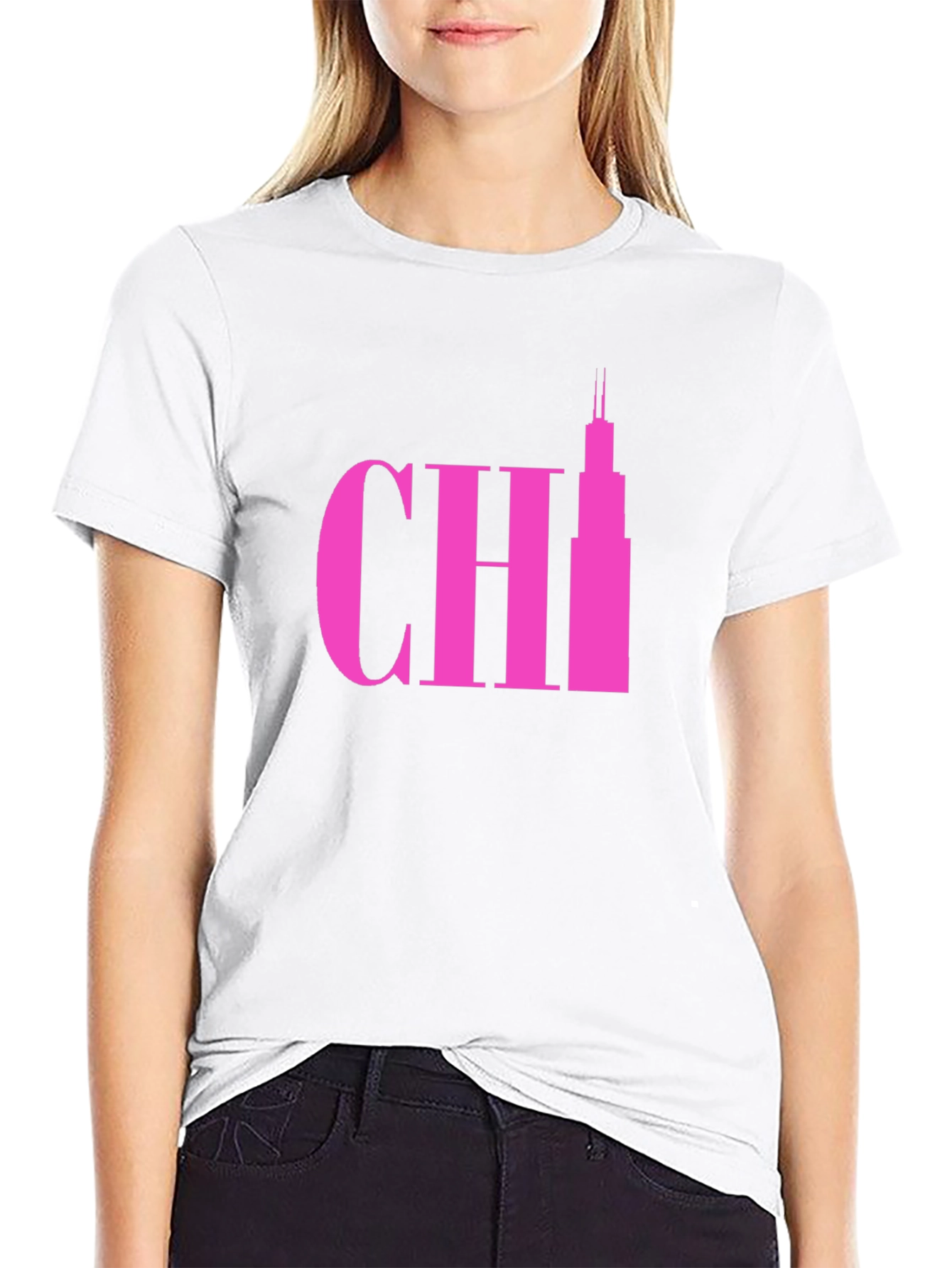 Pink Chicago Skyline Graphic Tee - Black Cotton T-Shirt