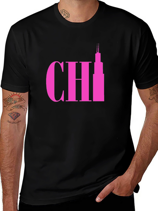 Pink Chicago Skyline Graphic Tee - Black Cotton T-Shirt