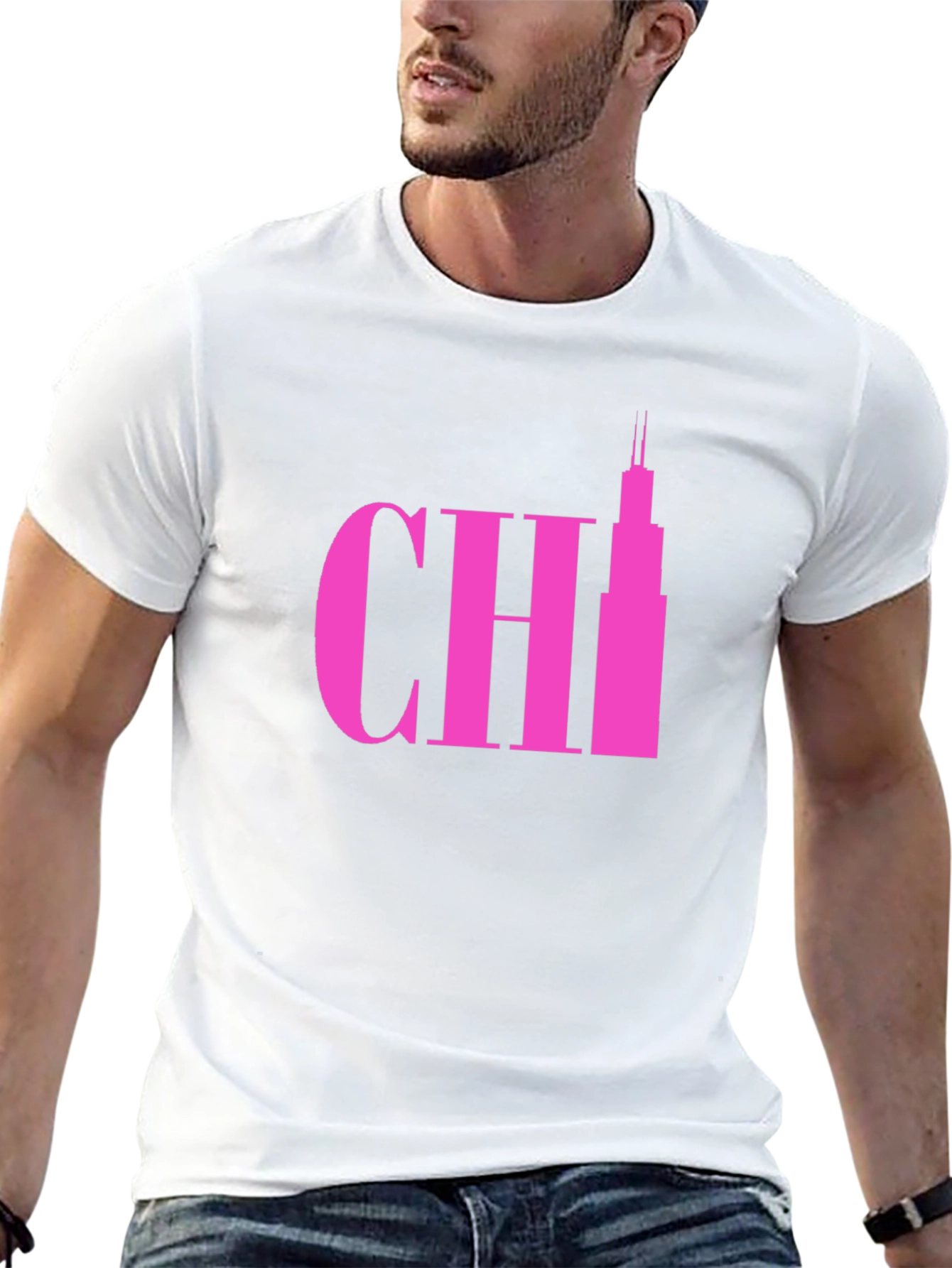 Pink Chicago Skyline Graphic Tee - Black Cotton T-Shirt