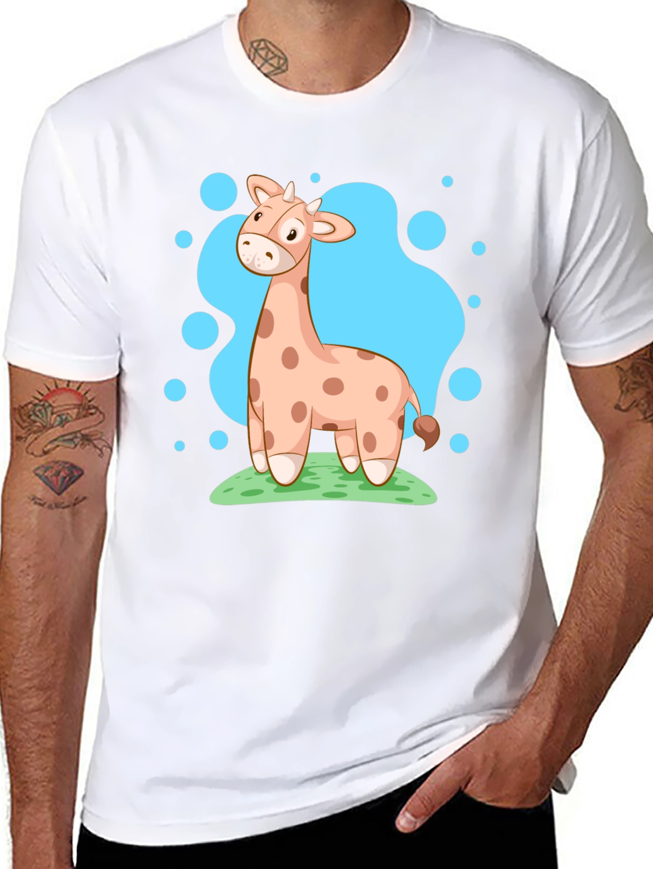 Giraffe Cartoon Graphic Tee - Black Cotton Shirt