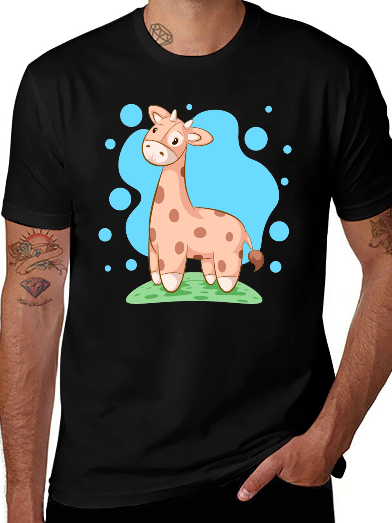 Giraffe Cartoon Graphic Tee - Black Cotton Shirt