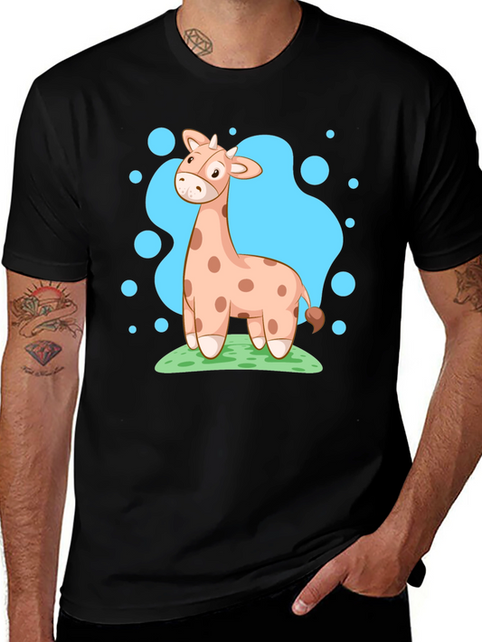 Giraffe Cartoon Graphic Tee - Black Cotton Shirt