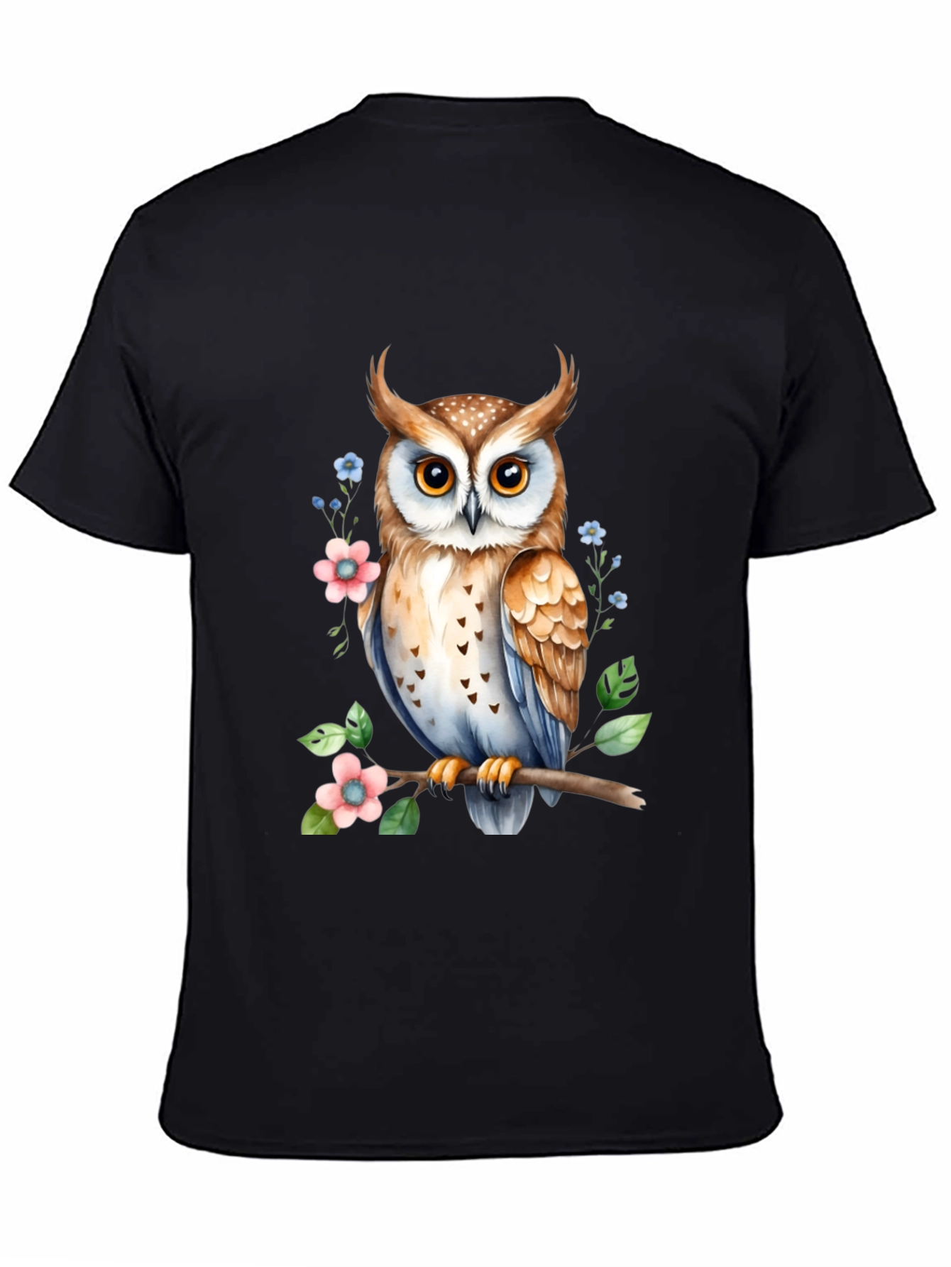 Owl and Floral Print Black T-Shirt