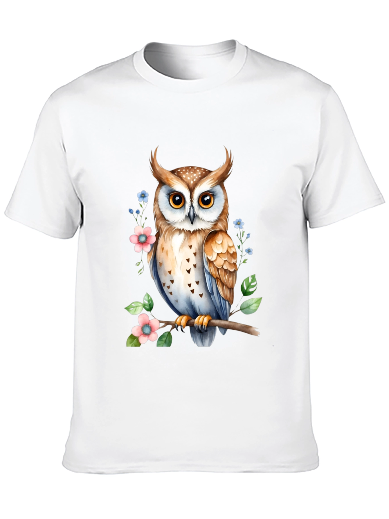 Owl and Floral Print Black T-Shirt