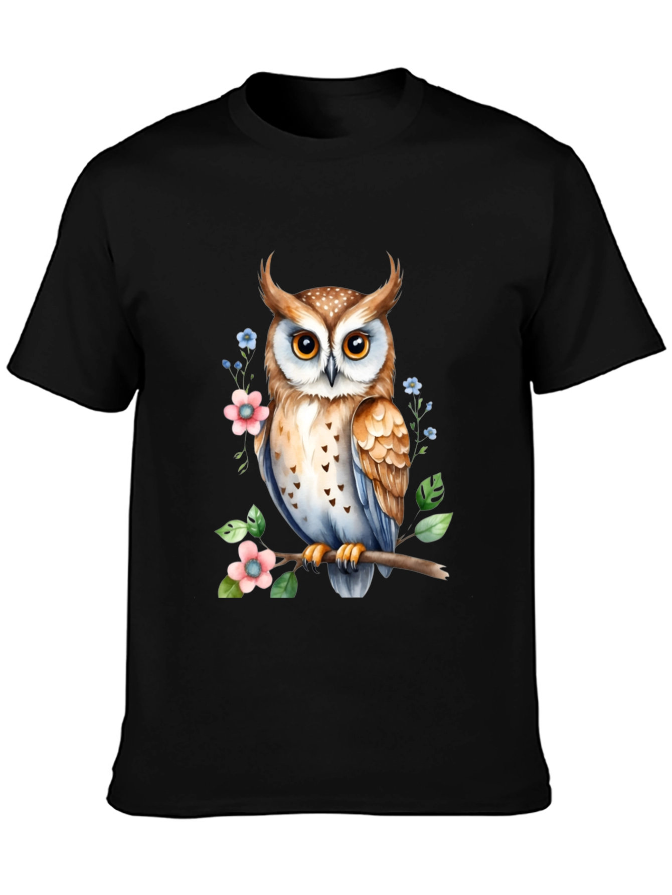 Owl and Floral Print Black T-Shirt