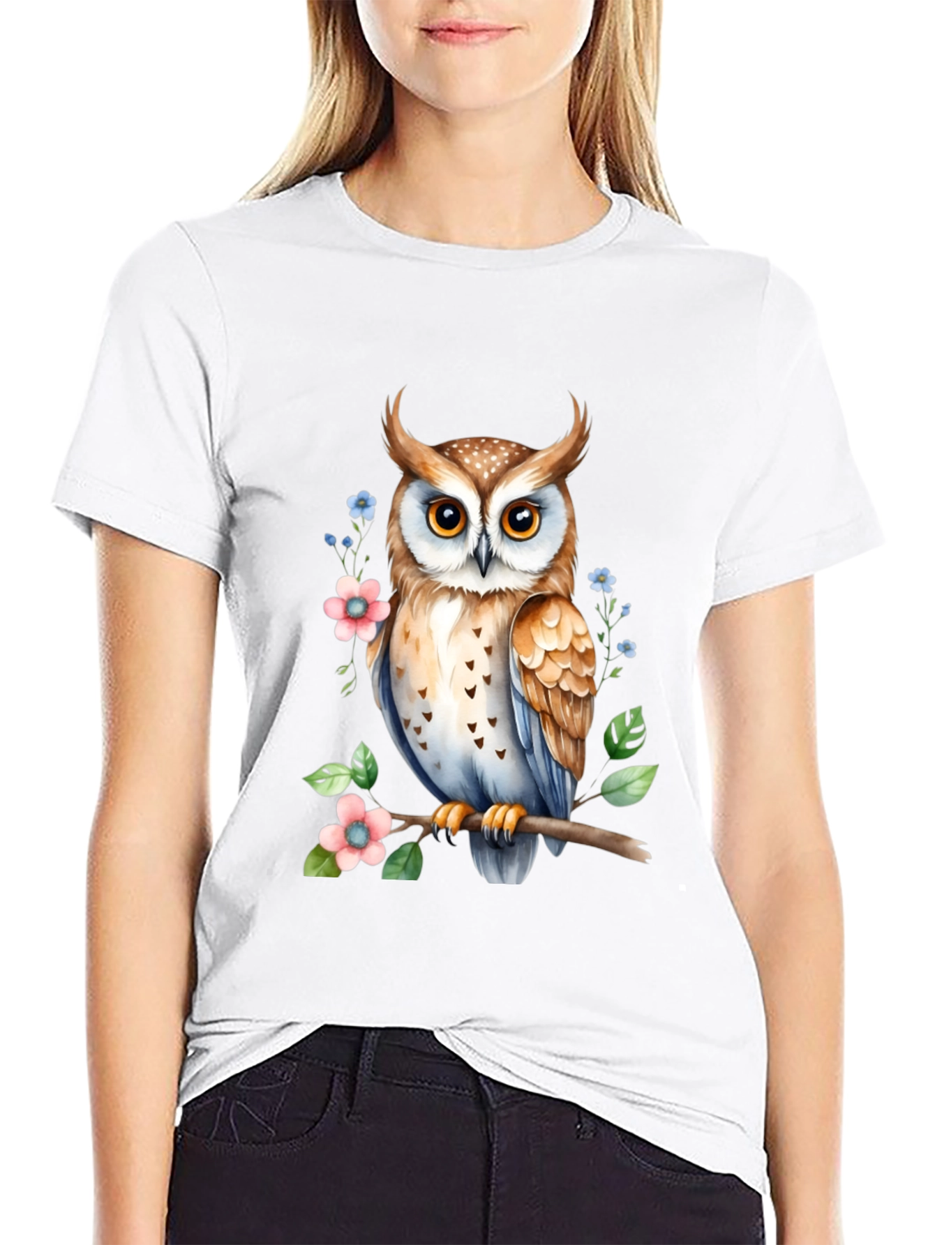 Owl and Floral Print Black T-Shirt