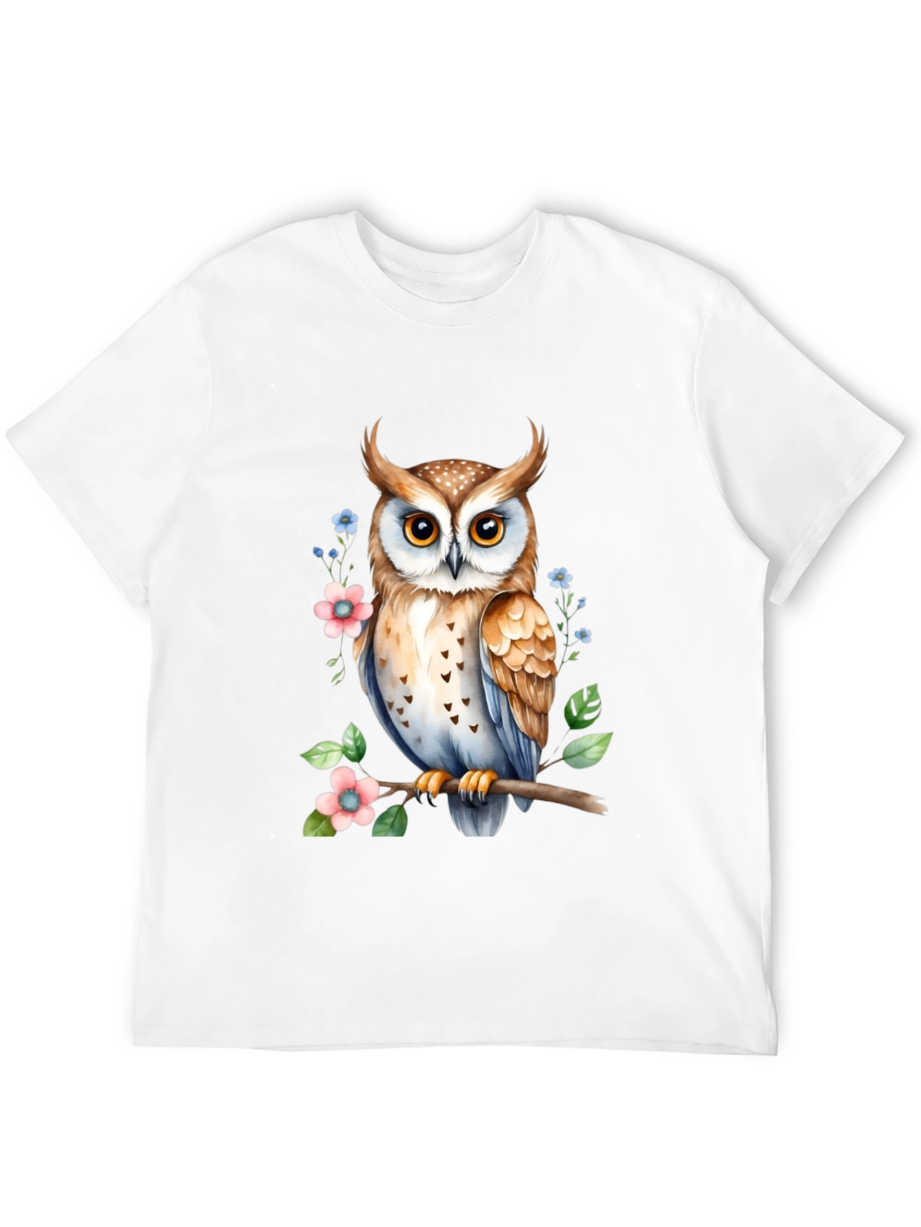 Owl and Floral Print Black T-Shirt
