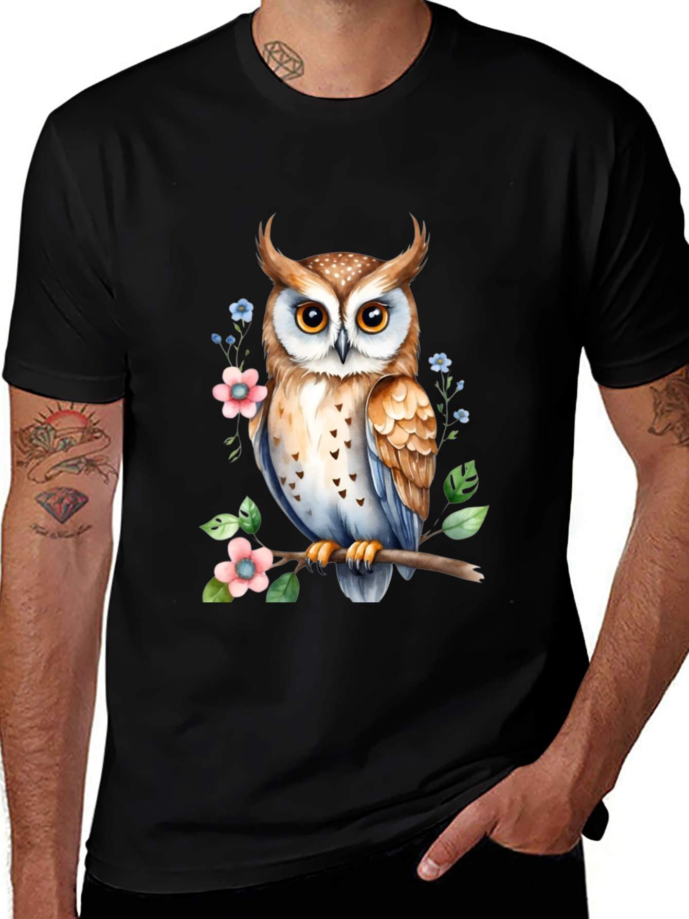 Owl and Floral Print Black T-Shirt