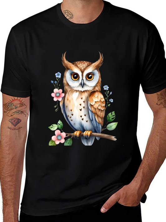 Owl and Floral Print Black T-Shirt