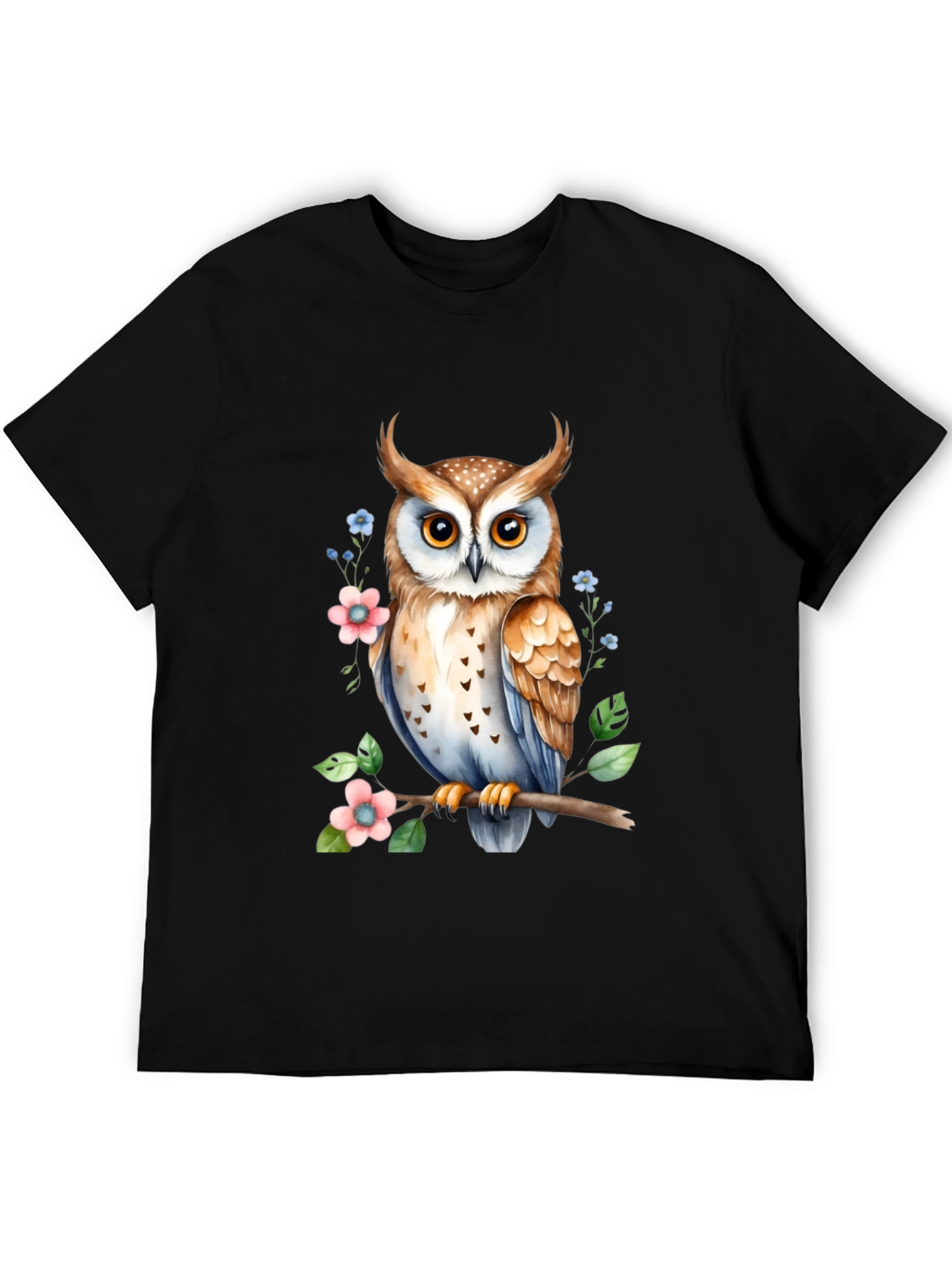 Owl and Floral Print Black T-Shirt