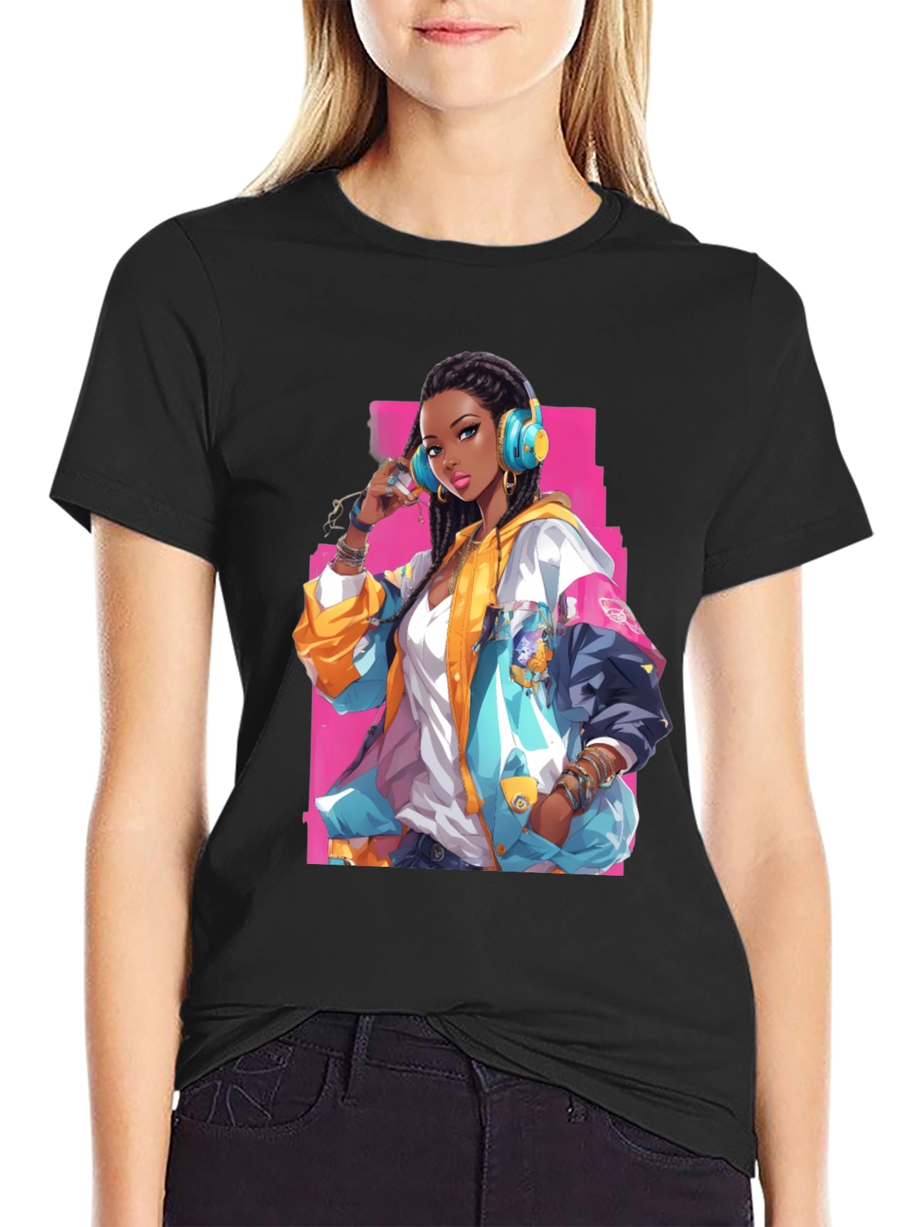 Anime Girl Graphic Print Black T-Shirt