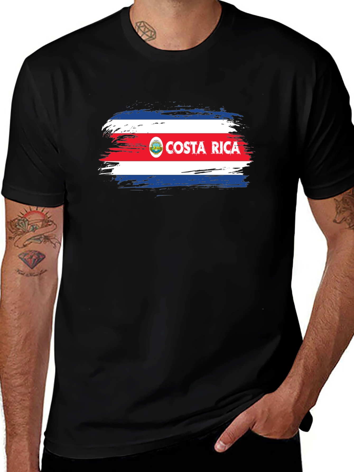 Costa Rica Flag Brushstroke Mens Black T-Shirt