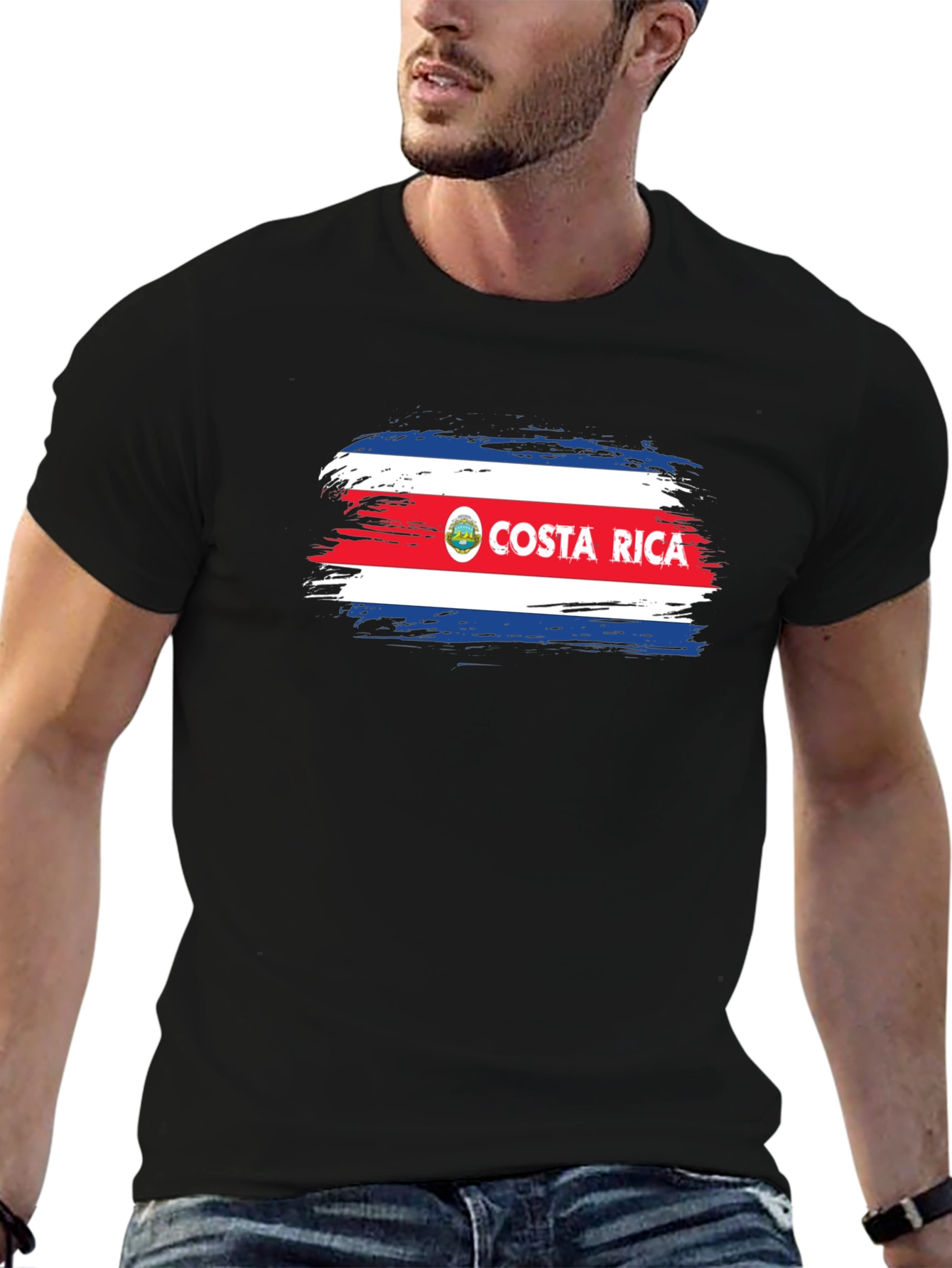 Costa Rica Flag Brushstroke Mens Black T-Shirt