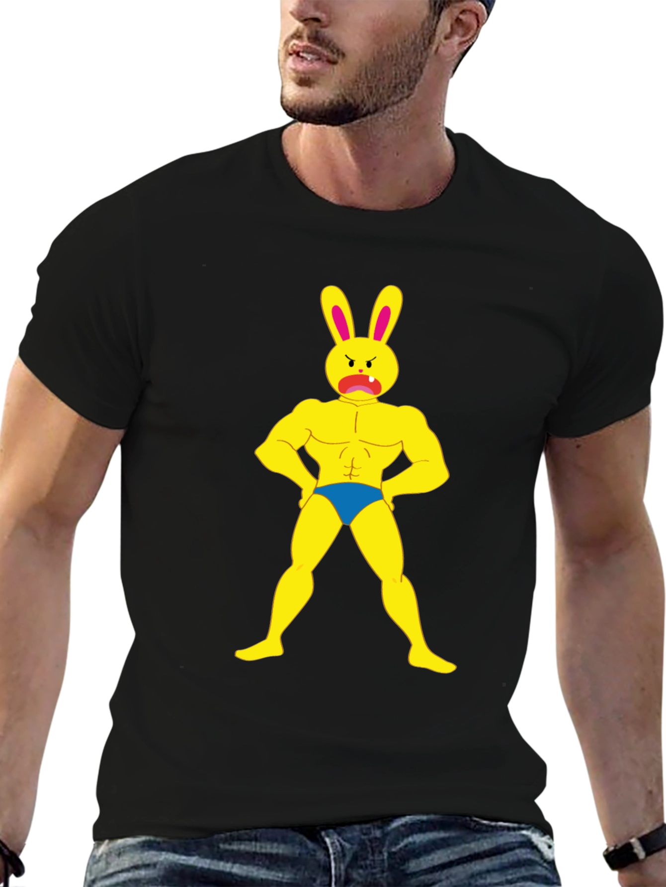 Funny Buff Bunny Graphic Black T-Shirt