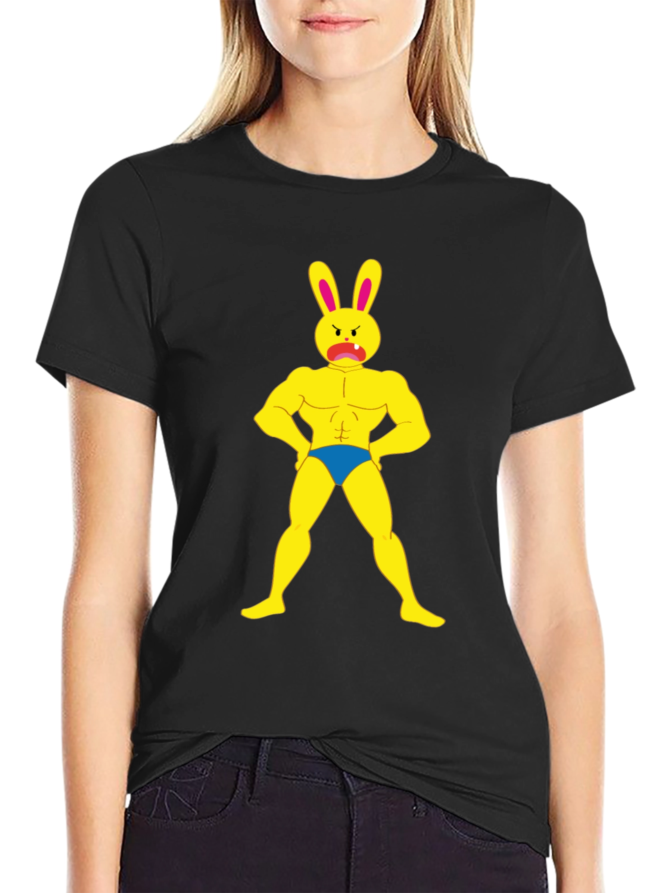 Funny Buff Bunny Graphic Black T-Shirt