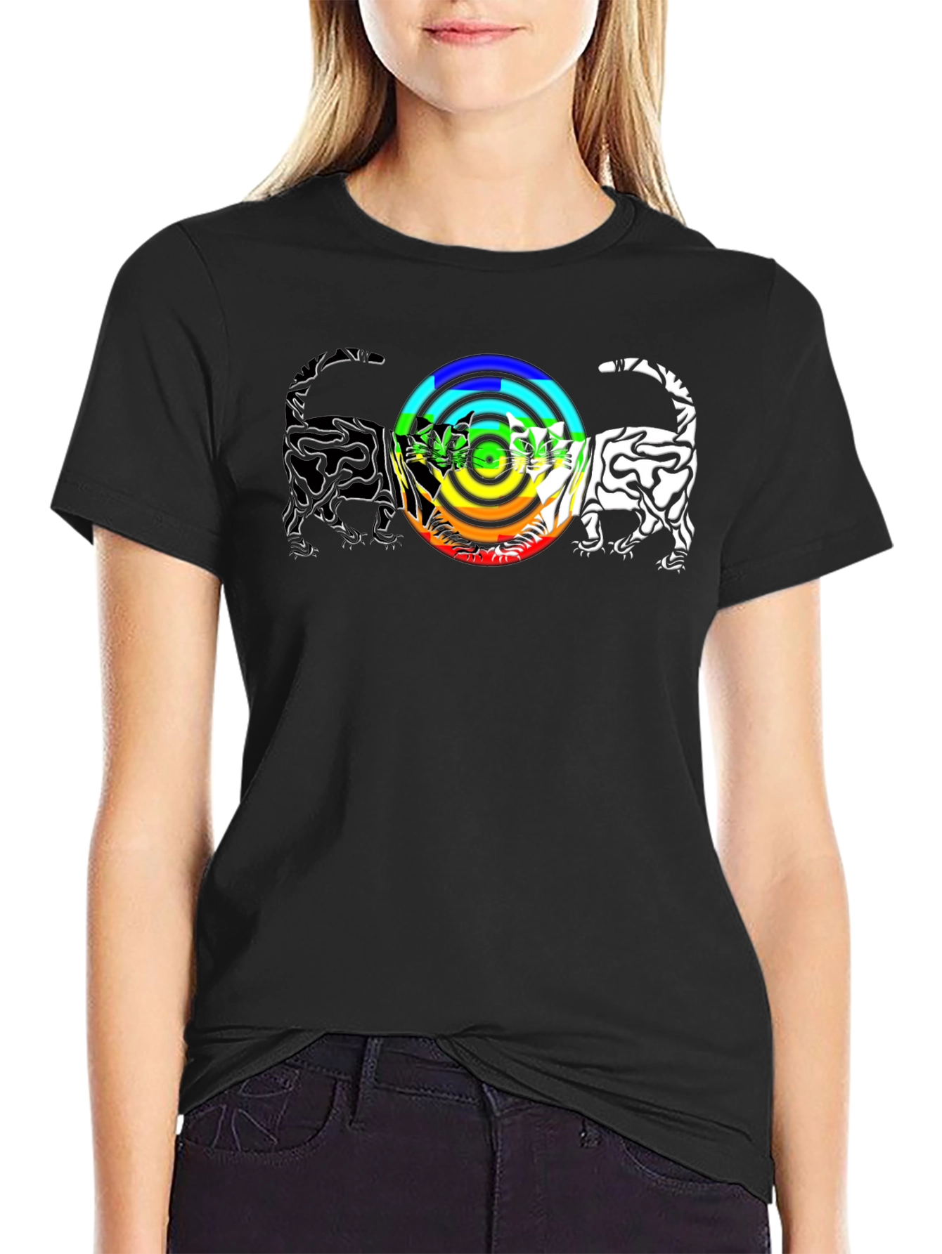 Rainbow Cats T-Shirt - Graphic Print Black Tee