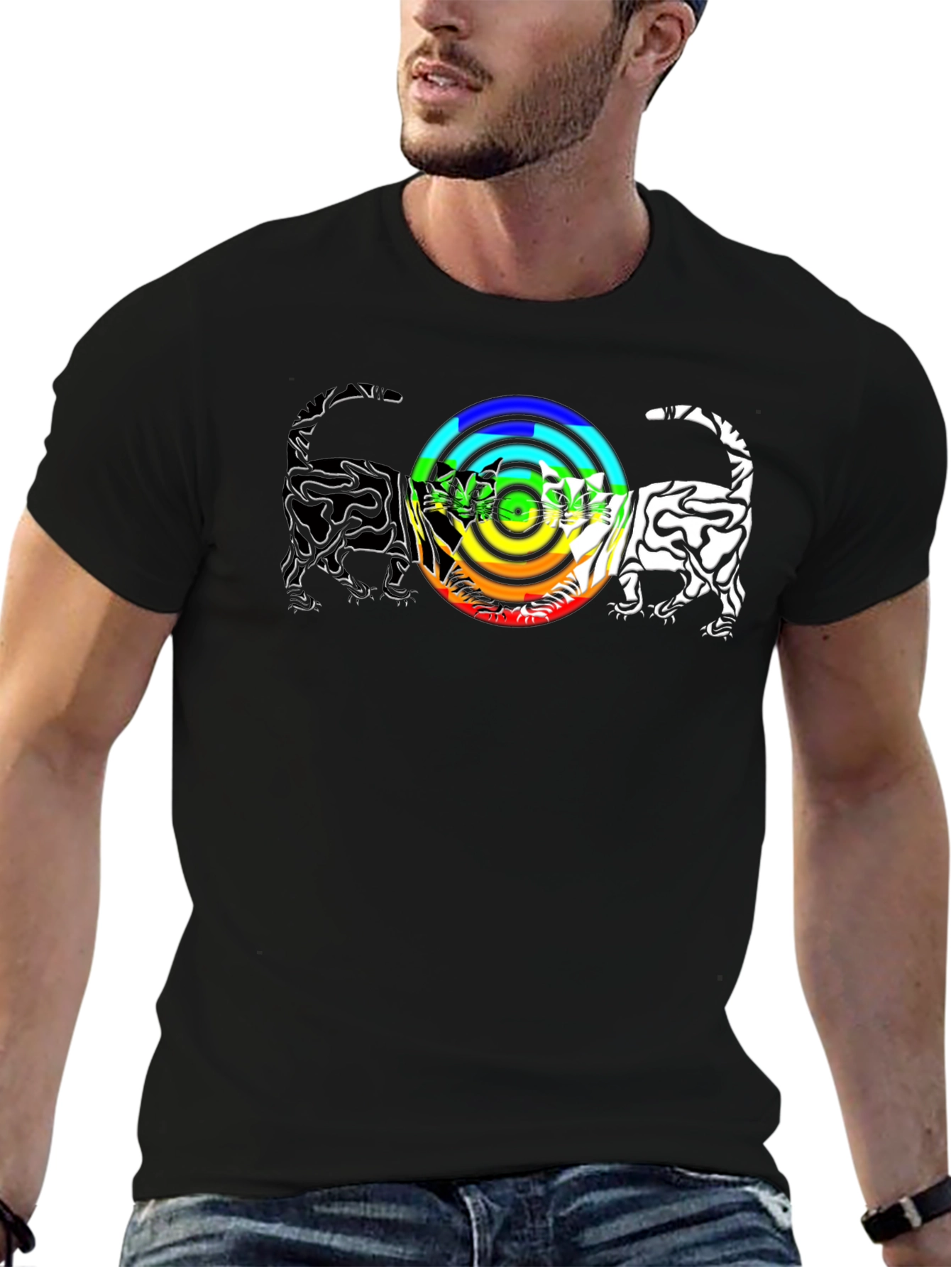 Rainbow Cats T-Shirt - Graphic Print Black Tee