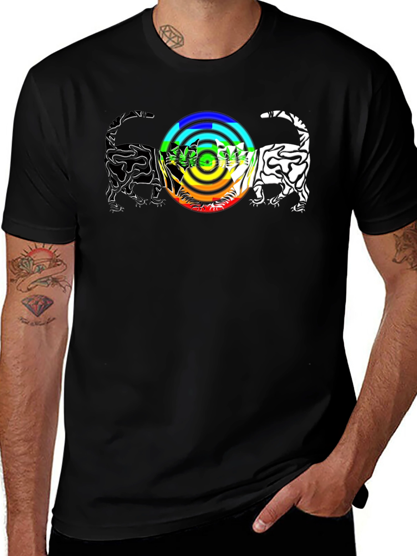 Rainbow Cats T-Shirt - Graphic Print Black Tee