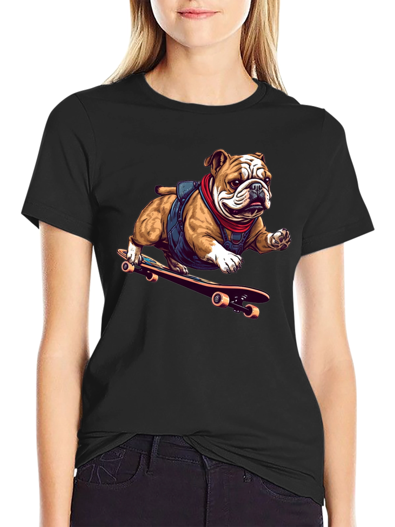 Bulldog Skateboarder Graphic Tee - Cool Black T-Shirt