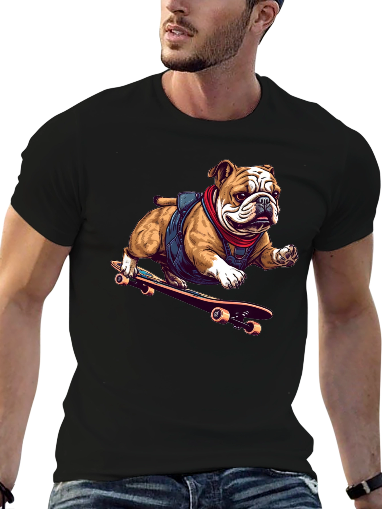 Bulldog Skateboarder Graphic Tee - Cool Black T-Shirt