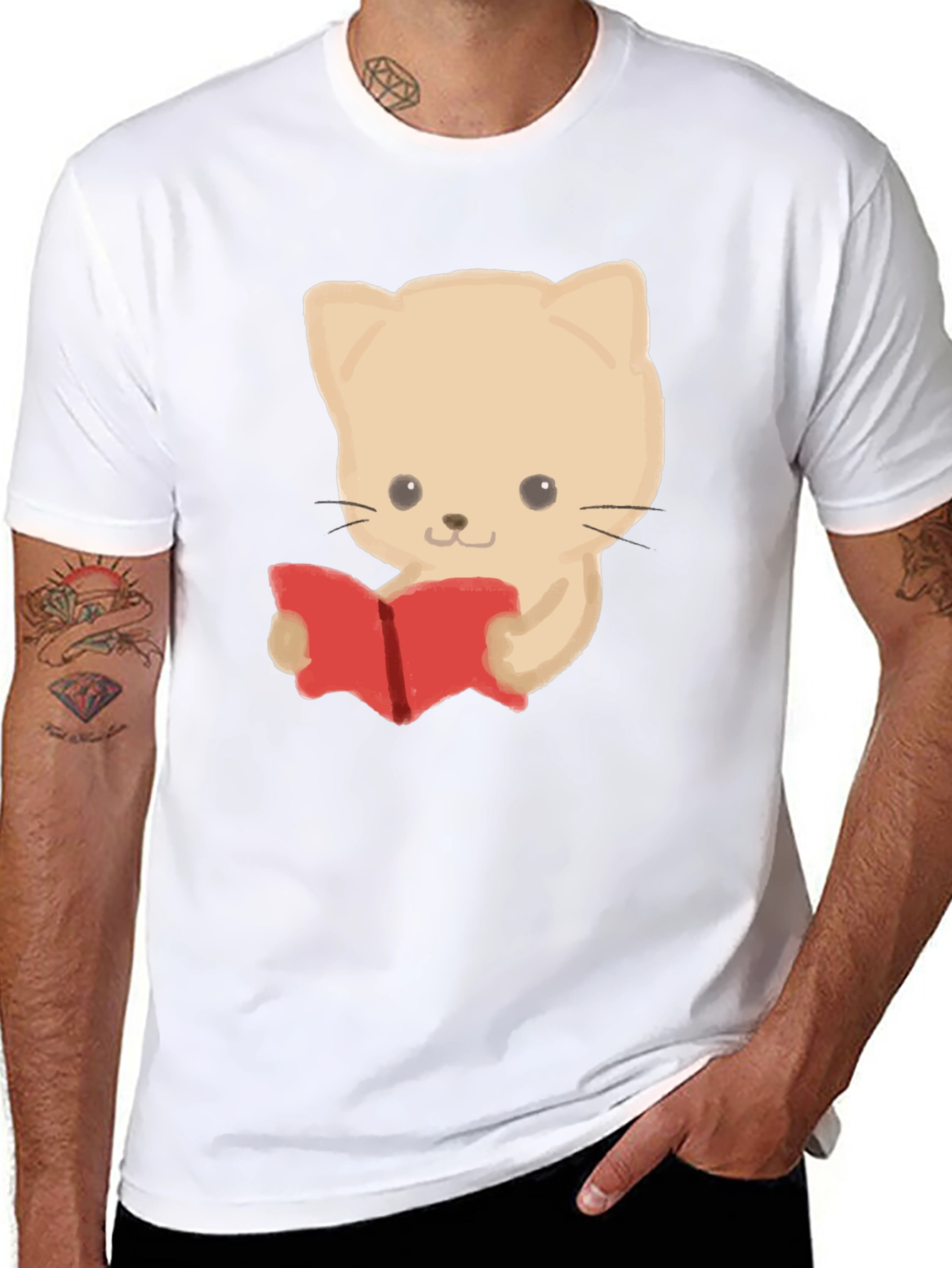 Reading Cat Graphic Tee - Black Cotton T-Shirt