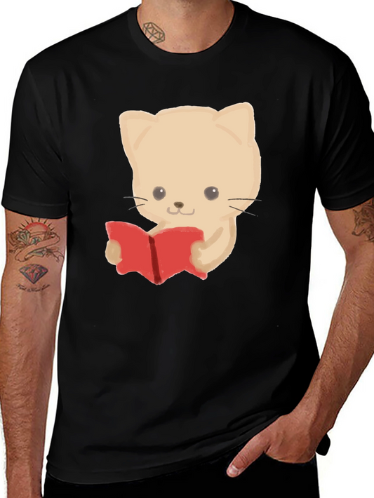Reading Cat Graphic Tee - Black Cotton T-Shirt
