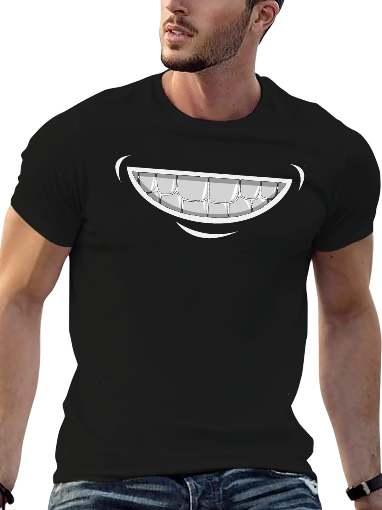 Cartoon Smile Graphic Tee - Black Cotton T-Shirt