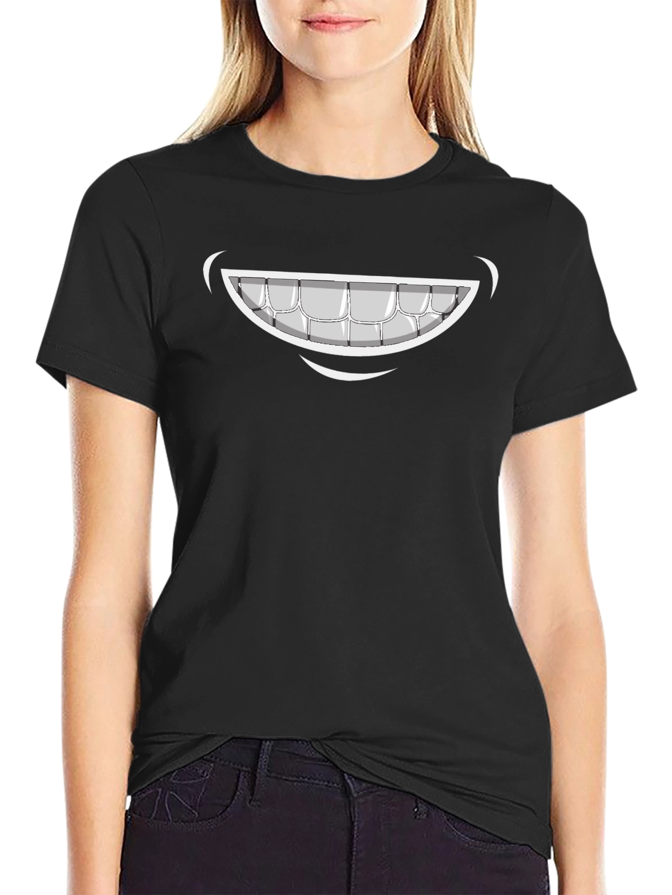 Cartoon Smile Graphic Tee - Black Cotton T-Shirt