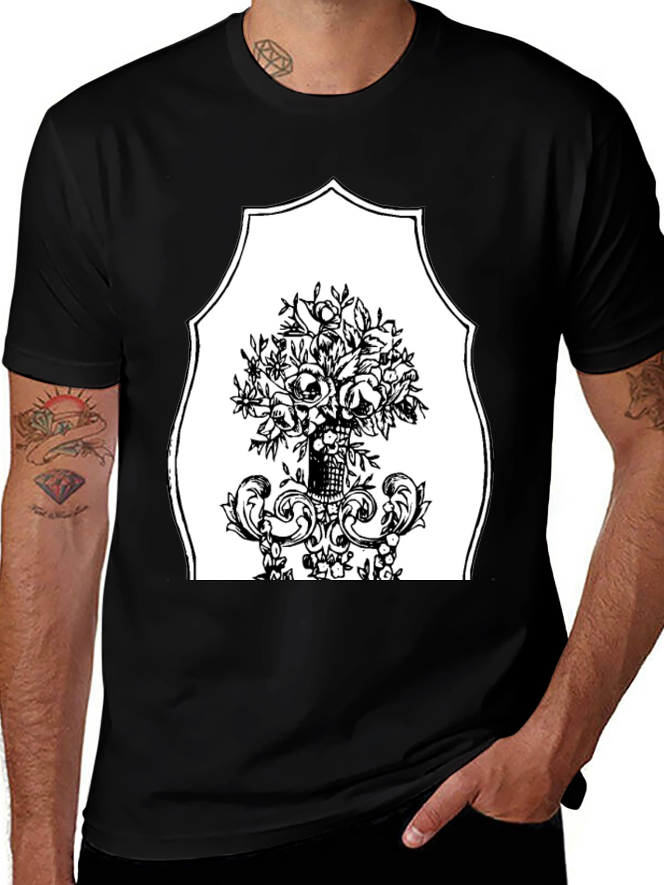 Black T-Shirt with Floral Bouquet Graphic