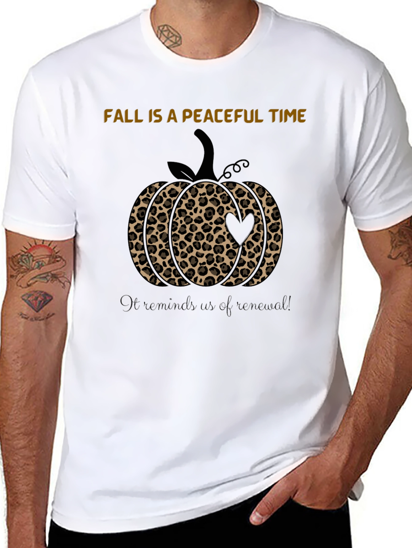 Fall Peaceful Time Pumpkin Leopard Print Black T-Shirt