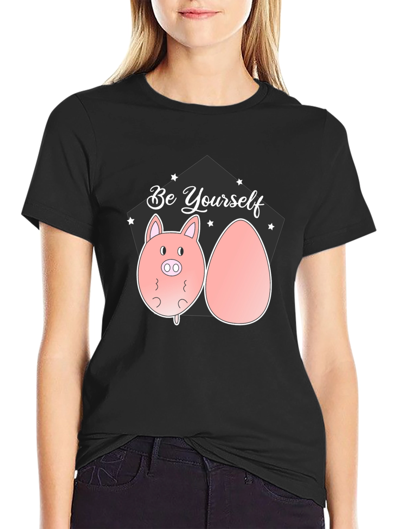 Be Yourself Pig and Egg Black T-Shirt