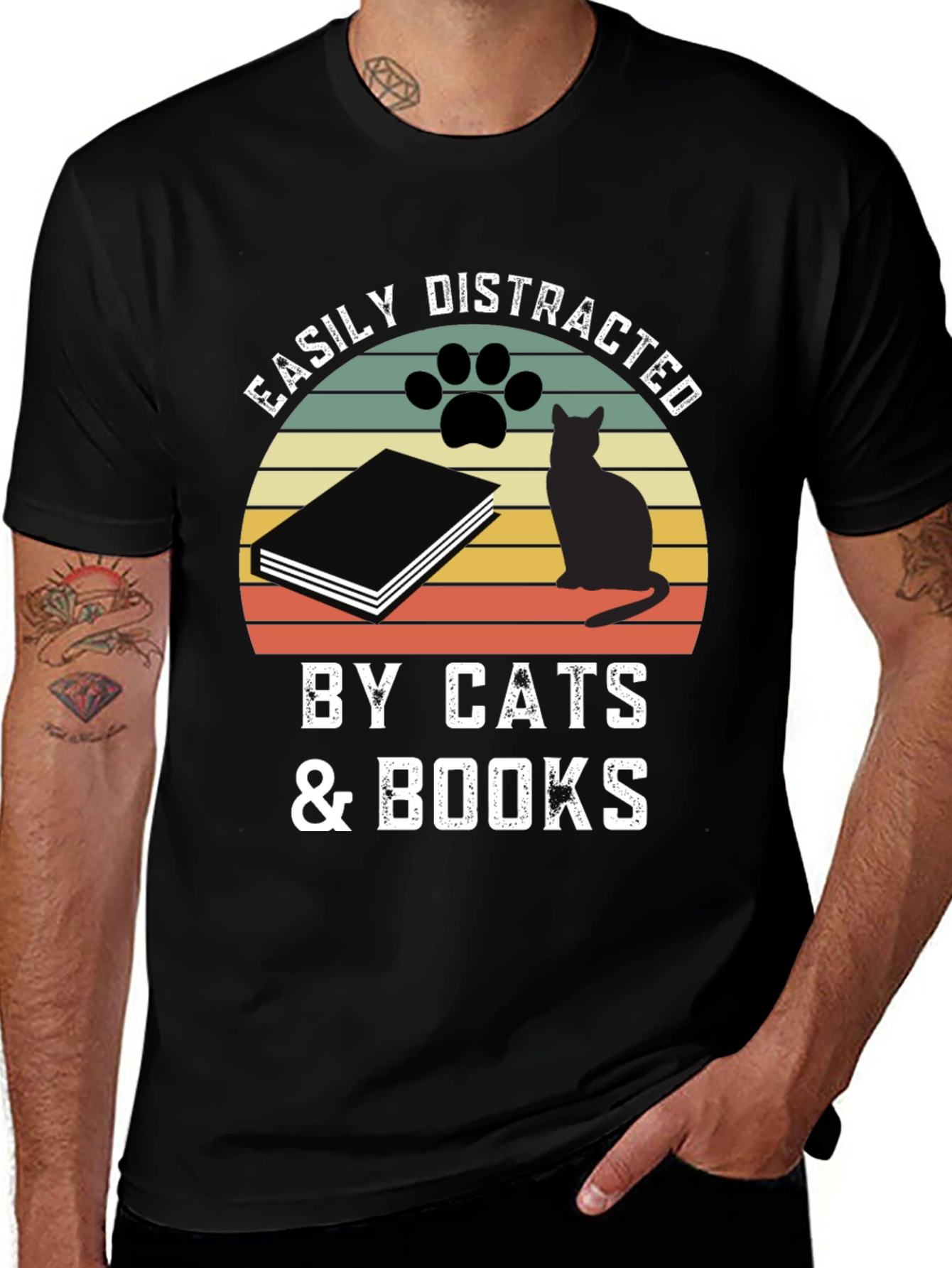 Easily Distracted by Cats & Books Graphic T-Shirt